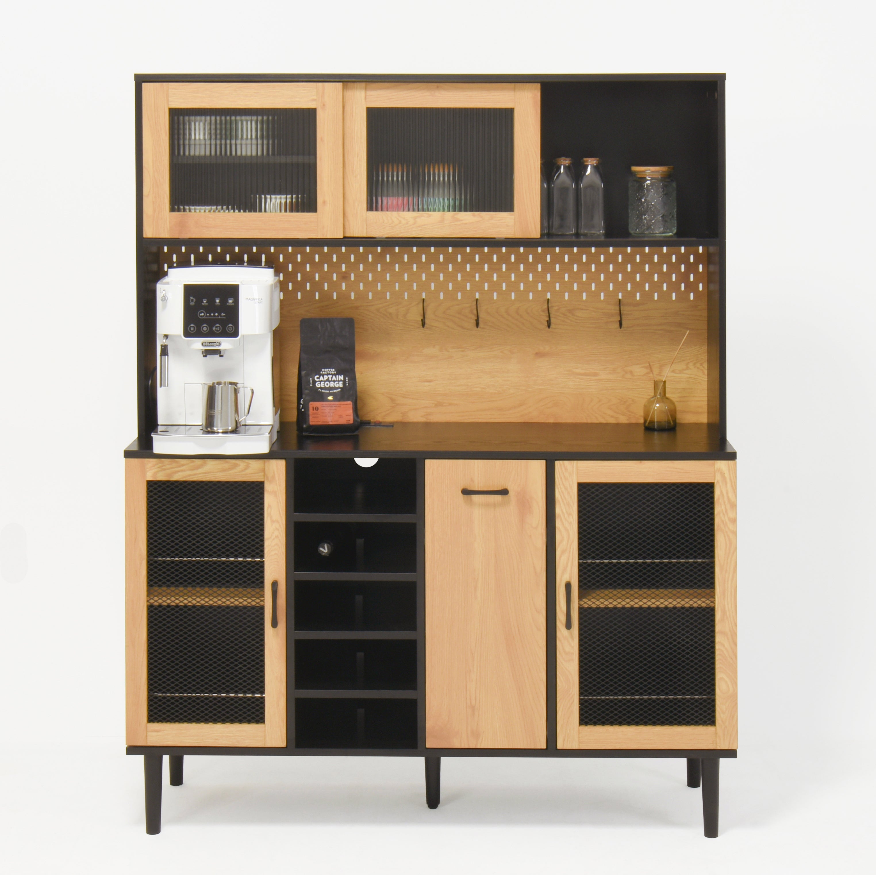 59 "H buffet side cabinet with storage door and power outlet, coffee bar cabinet with wine rack, black and natural colors