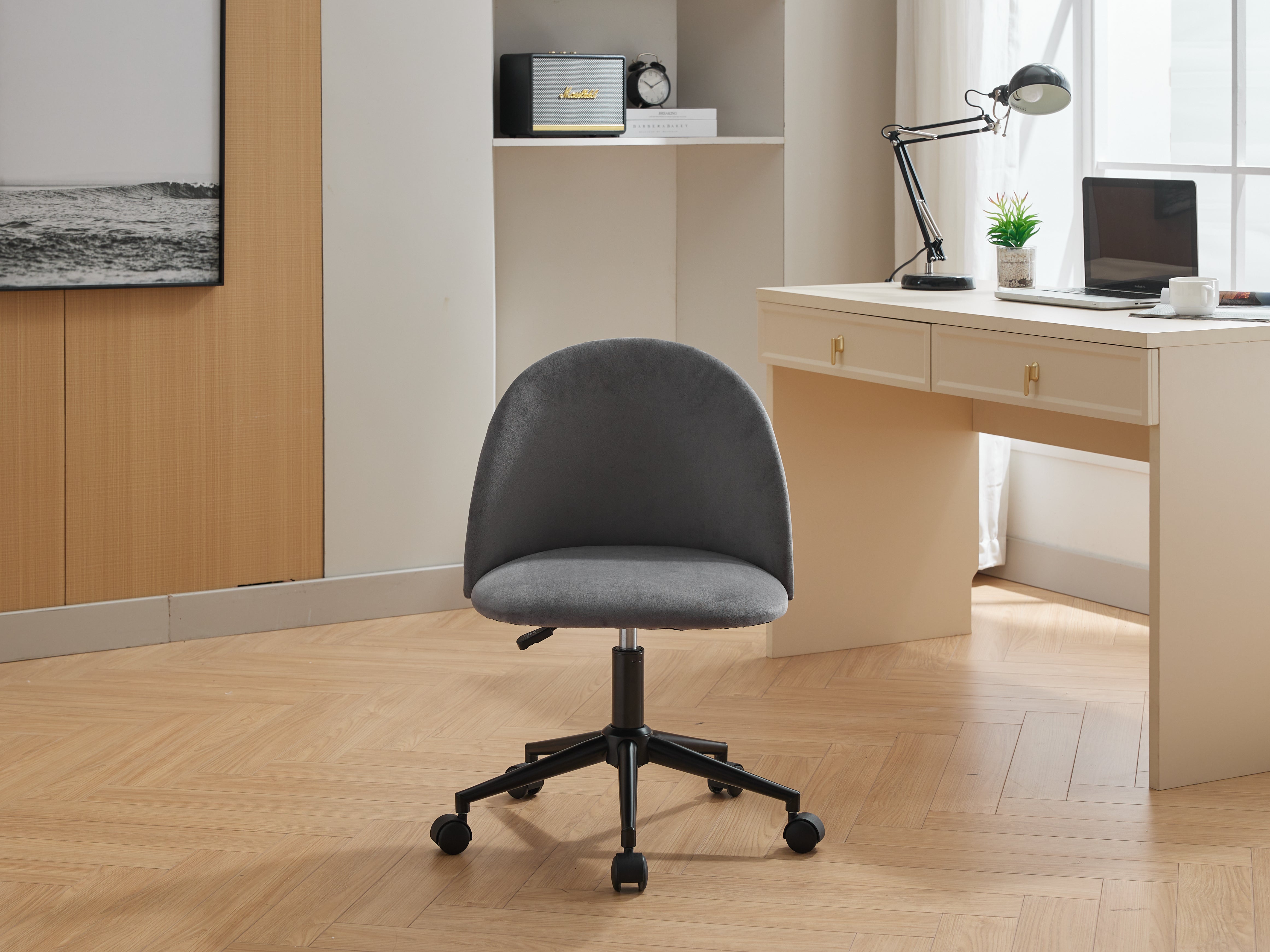 Velvet fabric office chair, mid back adjustable rotating computer chair, black legs, cushioned office chair with wheels