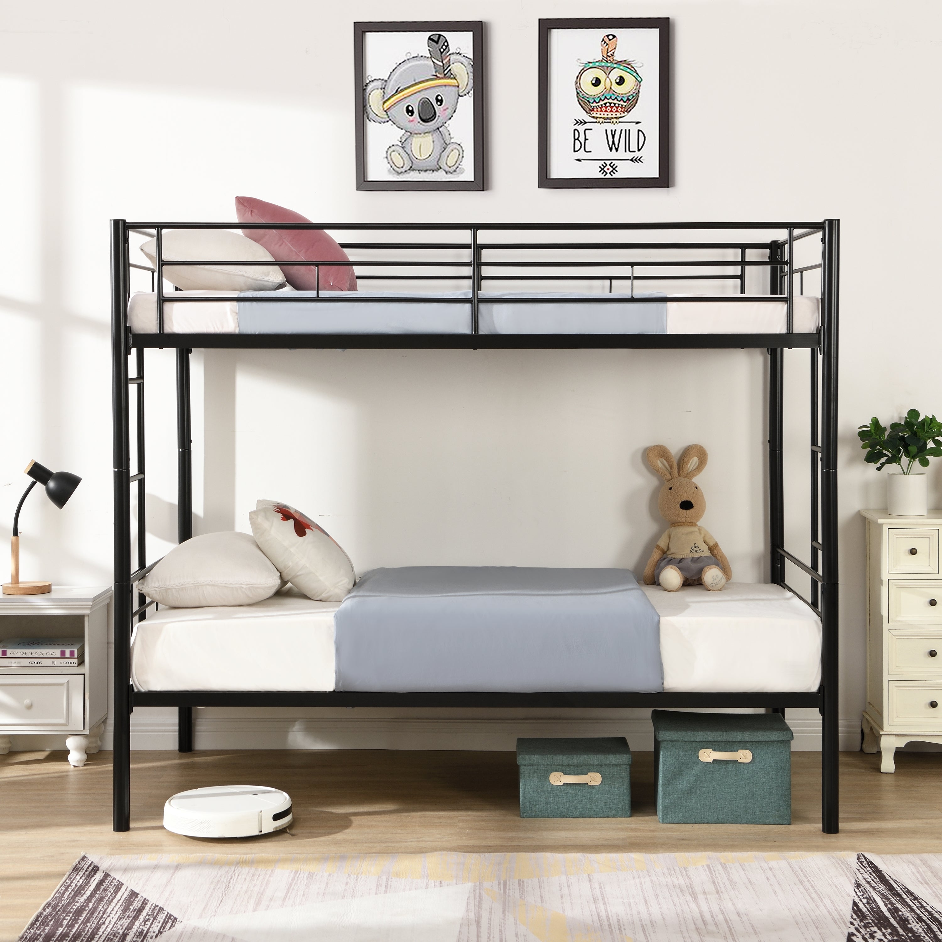 Double decker bed, size above twin bed, with 2 ladders and full-length guardrail, metal, storage space, black