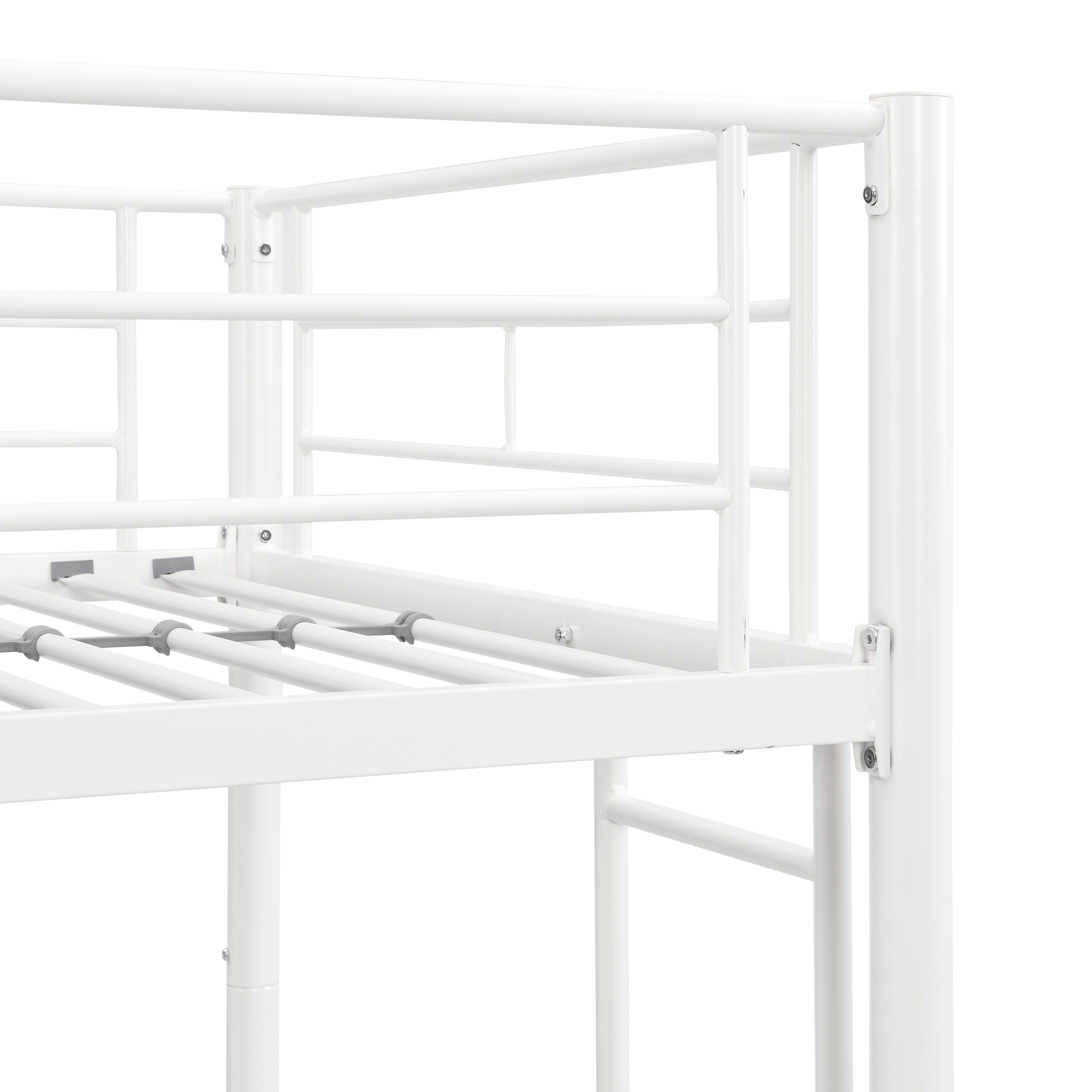 Twin metal bunk beds, metal structure bed frame with safety guardrails and 2 ladders, convertible bunk beds, white