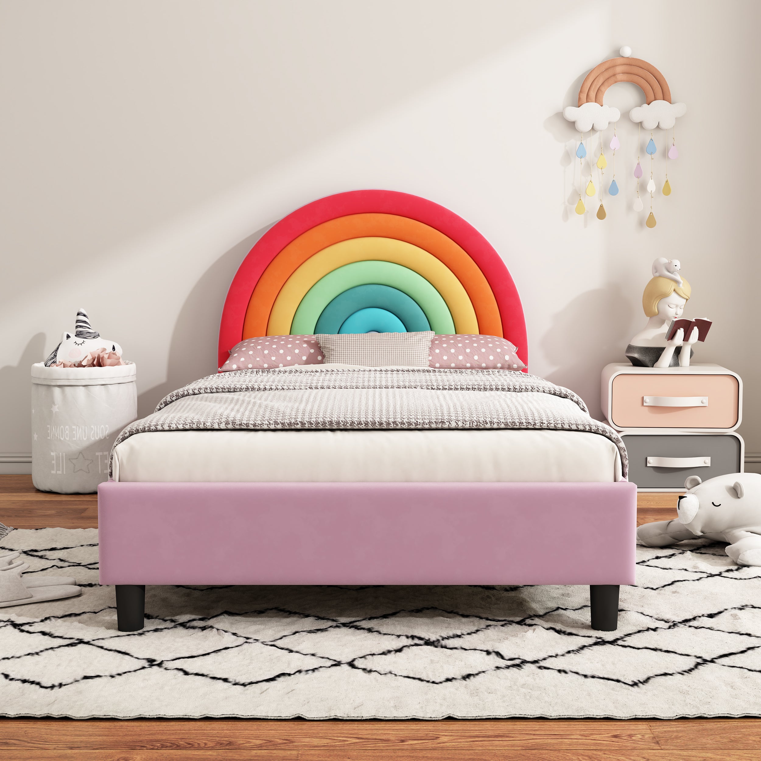 Rainbow Design Upholstered Twin Platform Bed Cute Style Princess Bed for Boys & Girls, Teens, Colorful & Pink