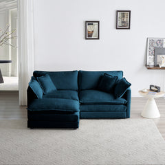 Chenille double sofa with 1 foot pedal, 2 seats L-shaped section, Ottoman style blue Chenille