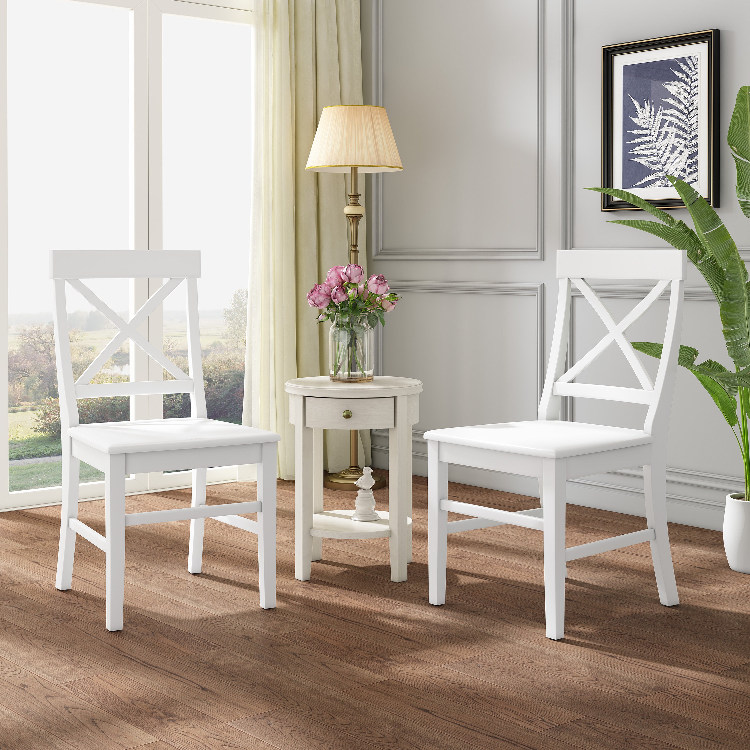 Roshan Farmhouse Acacia Wood Dining Chairs, White (Set of 2)