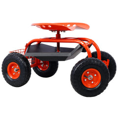 Garden cart rolling scooter, adjustable height with 4 wheels and extendable handle with 360 degree seat and tool tray (red)