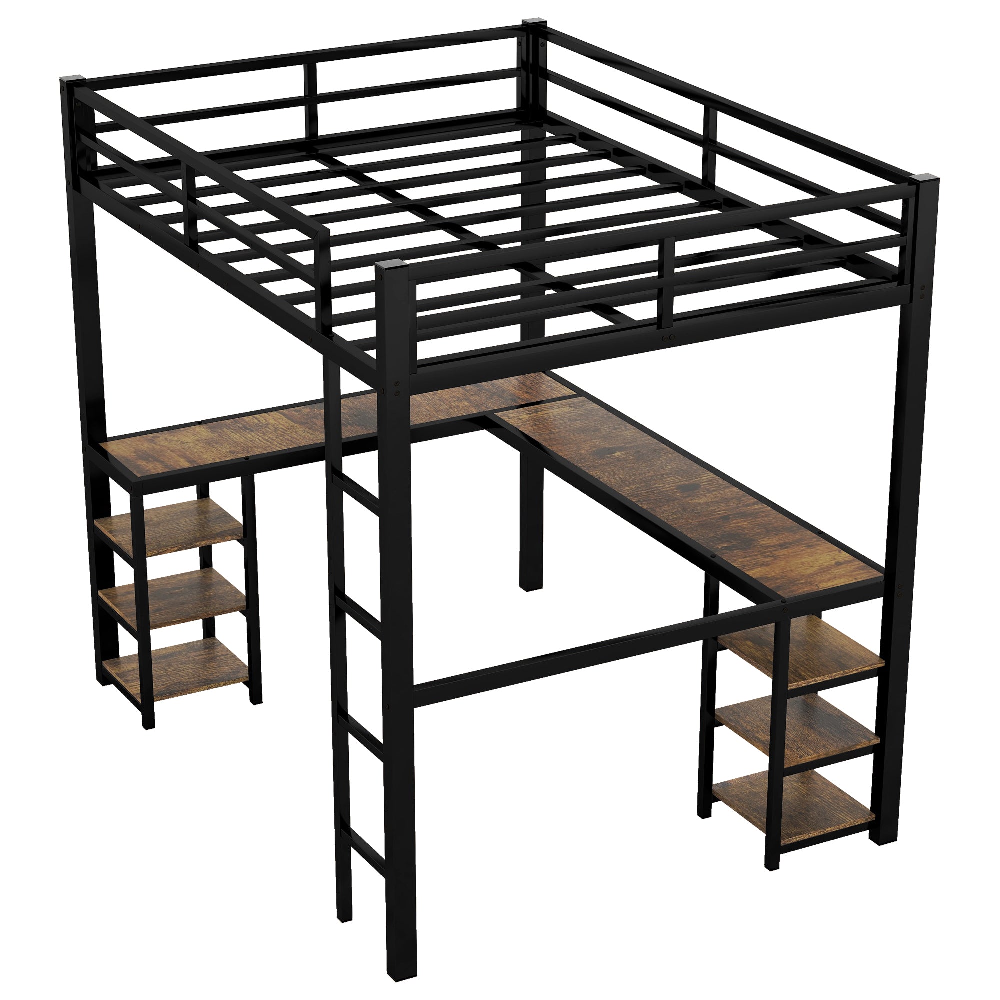 Full metal loft bed with desk and shelf, loft bed with ladder and guardrail, black with retro wood desk