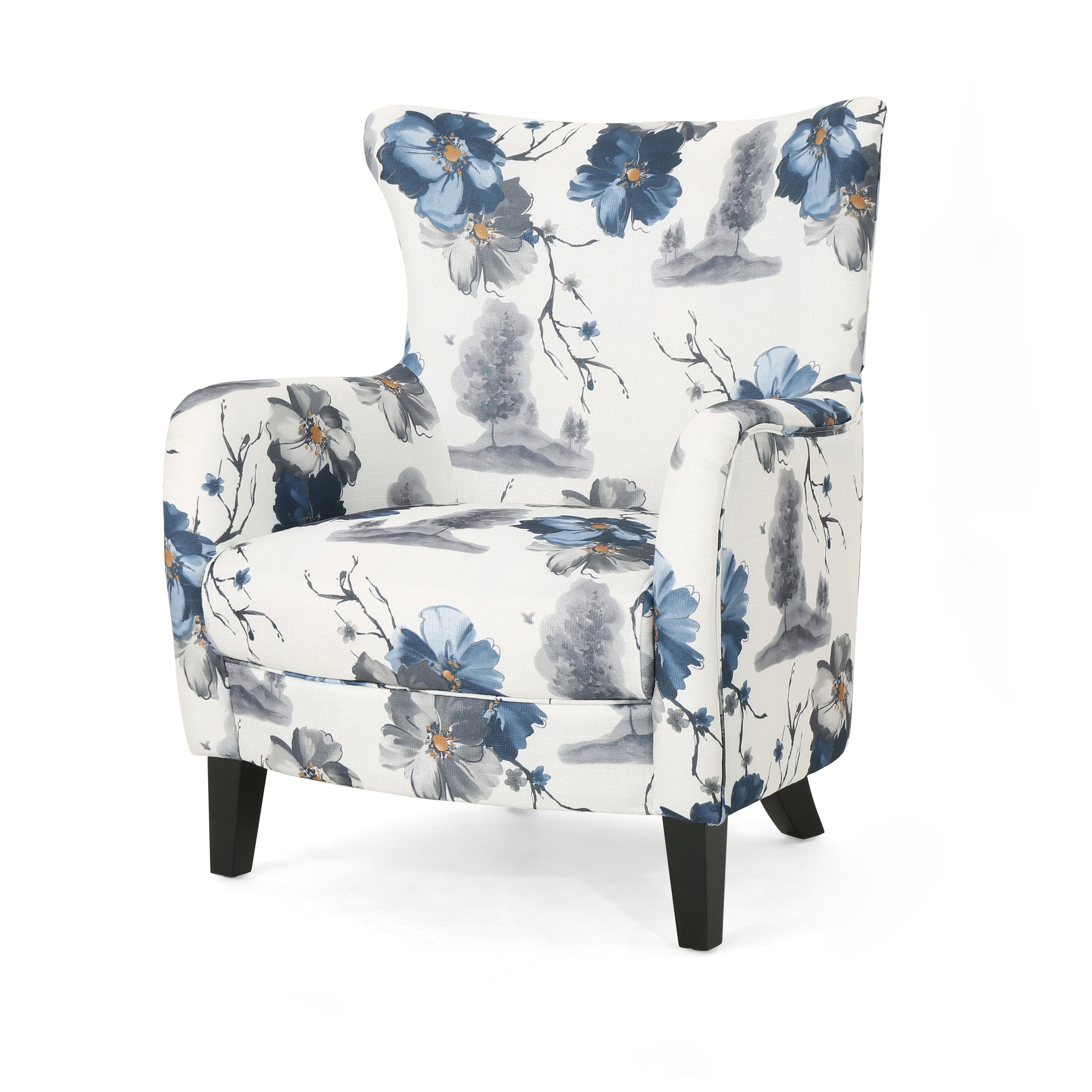 Modern retro printed fabric cushioned club chair, white and blue patterned armchair