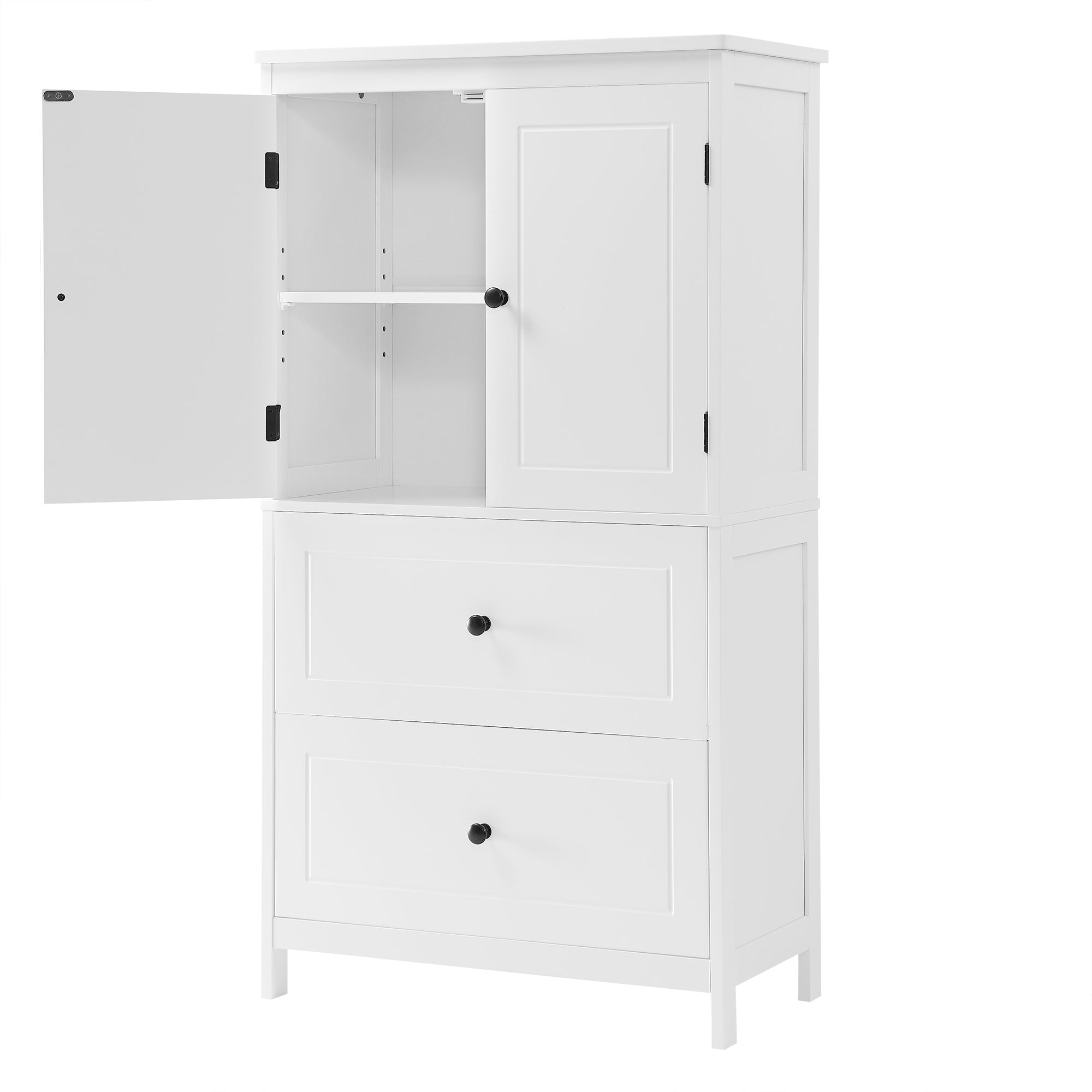 Bathroom Storage Cabinet, Cabinet with Two Doors and Drawers, Adjustable Shelf, MDF Board, White