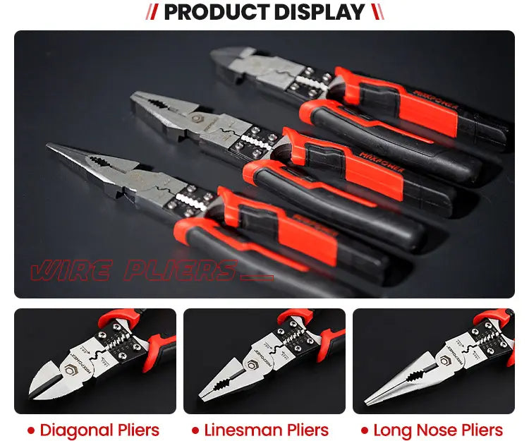 3pcs Linesman Pliers 8 inch 5 in 1 Multifunctional Wire Stripper Crimper Cutter Diagonal Side Wire Cutter