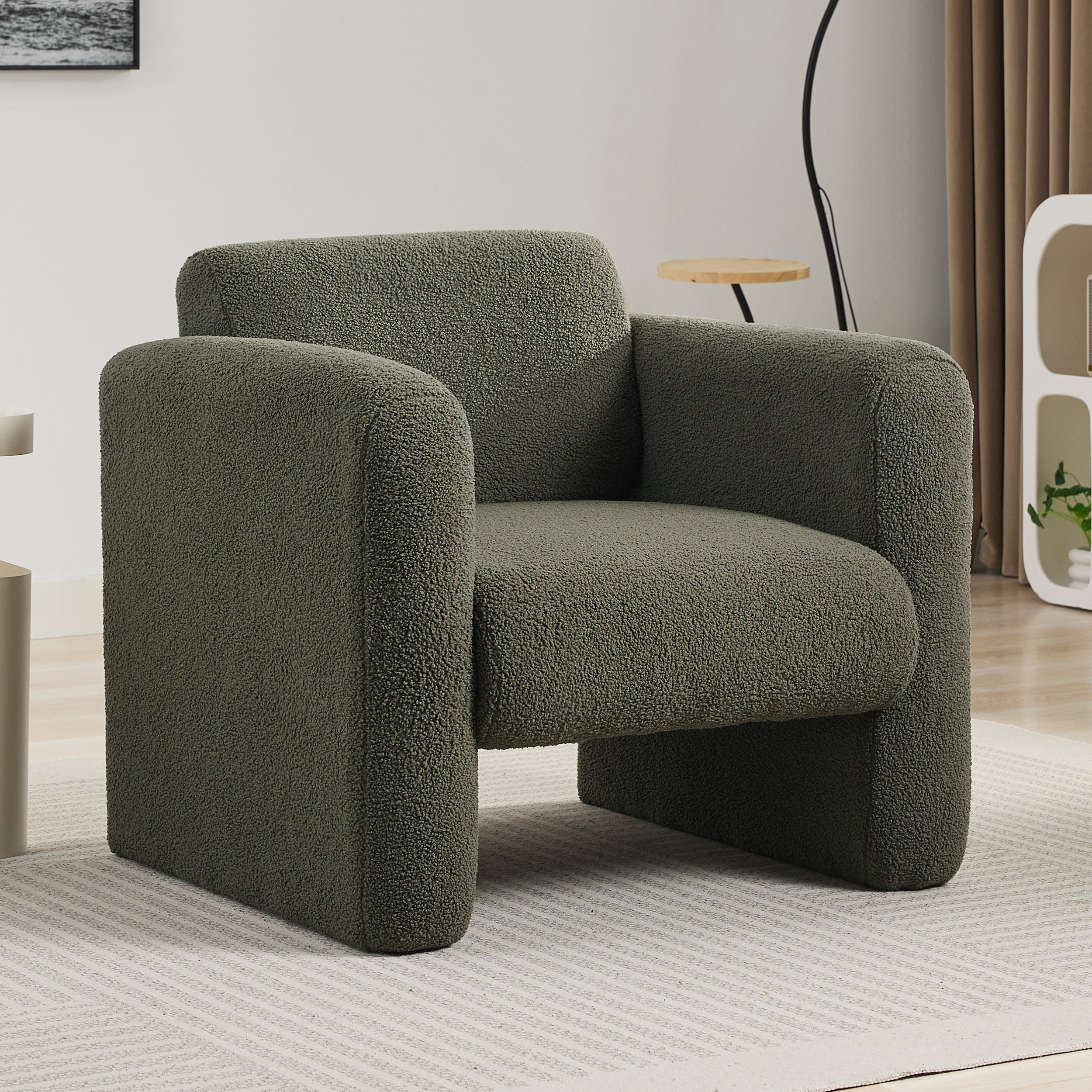 Modern style chair with sheepskin Sherpa fabric soft cushion, comfortable armchair, soft with backrest and pillow, seaweed green