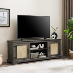 Vine TV stand console table, suitable for TVs under 70 inches, equipped with 2 storage shelves and 2 natural rattan doors, gray