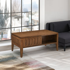 Medieval modern flute coffee table with storage sliding door and solid wood legs, vintage farmhouse wood central table