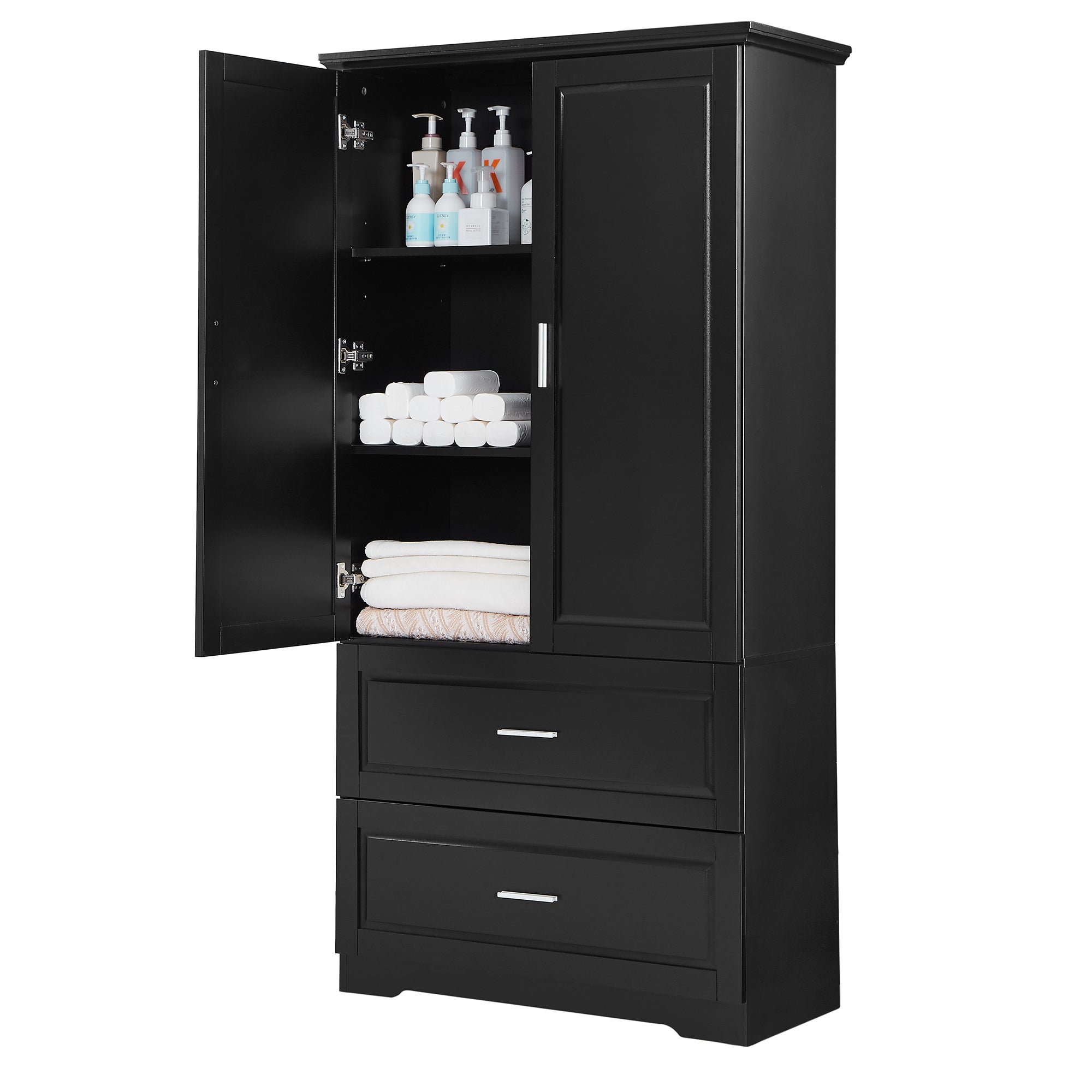 Tall Bathroom Storage Cabinet, Cabinet with Two Doors and Drawers, Adjustable Shelf, MDF Board, Black