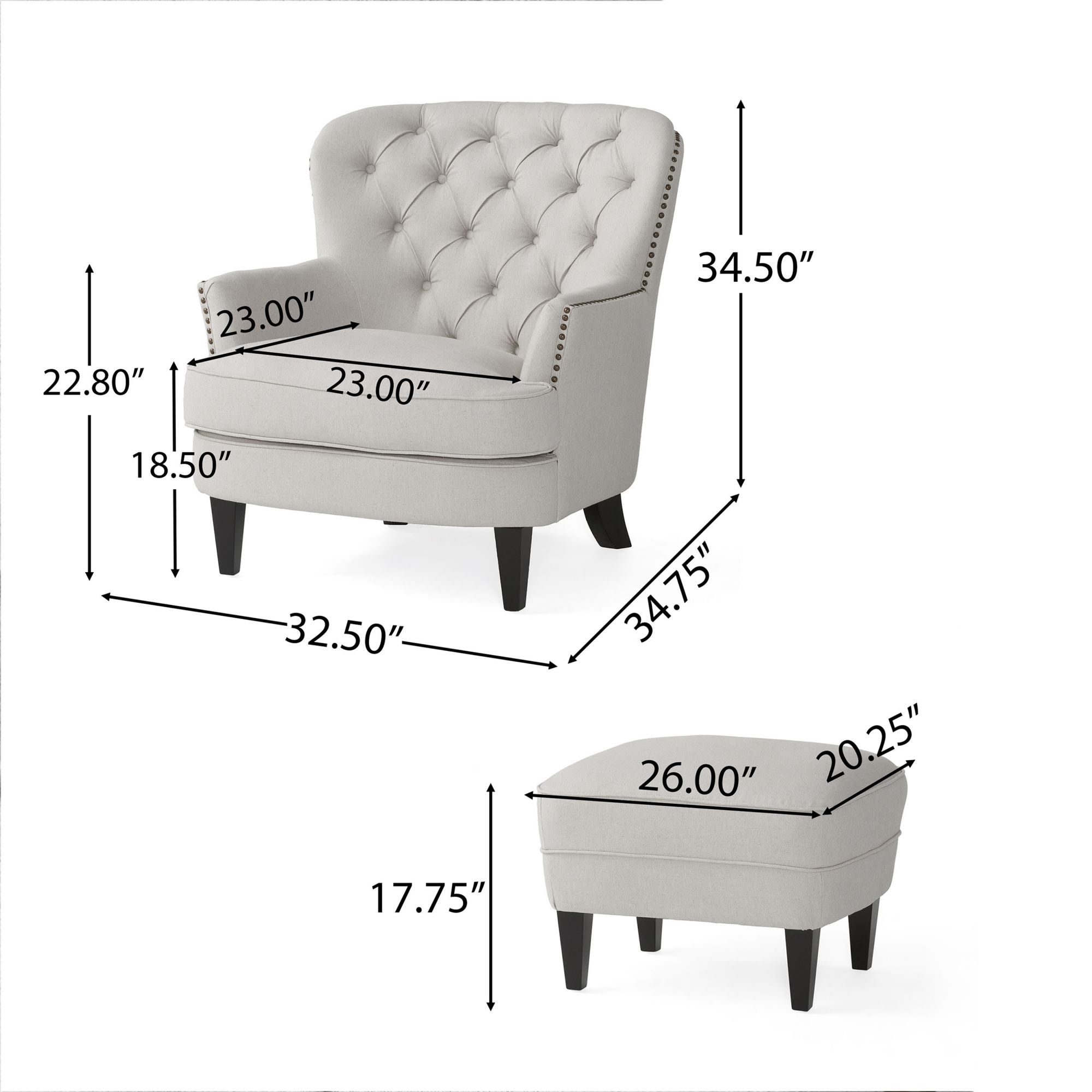 Modern light grey fabric club chair and Ottoman set, stylish cushioned armchair, paired with Ottoman style