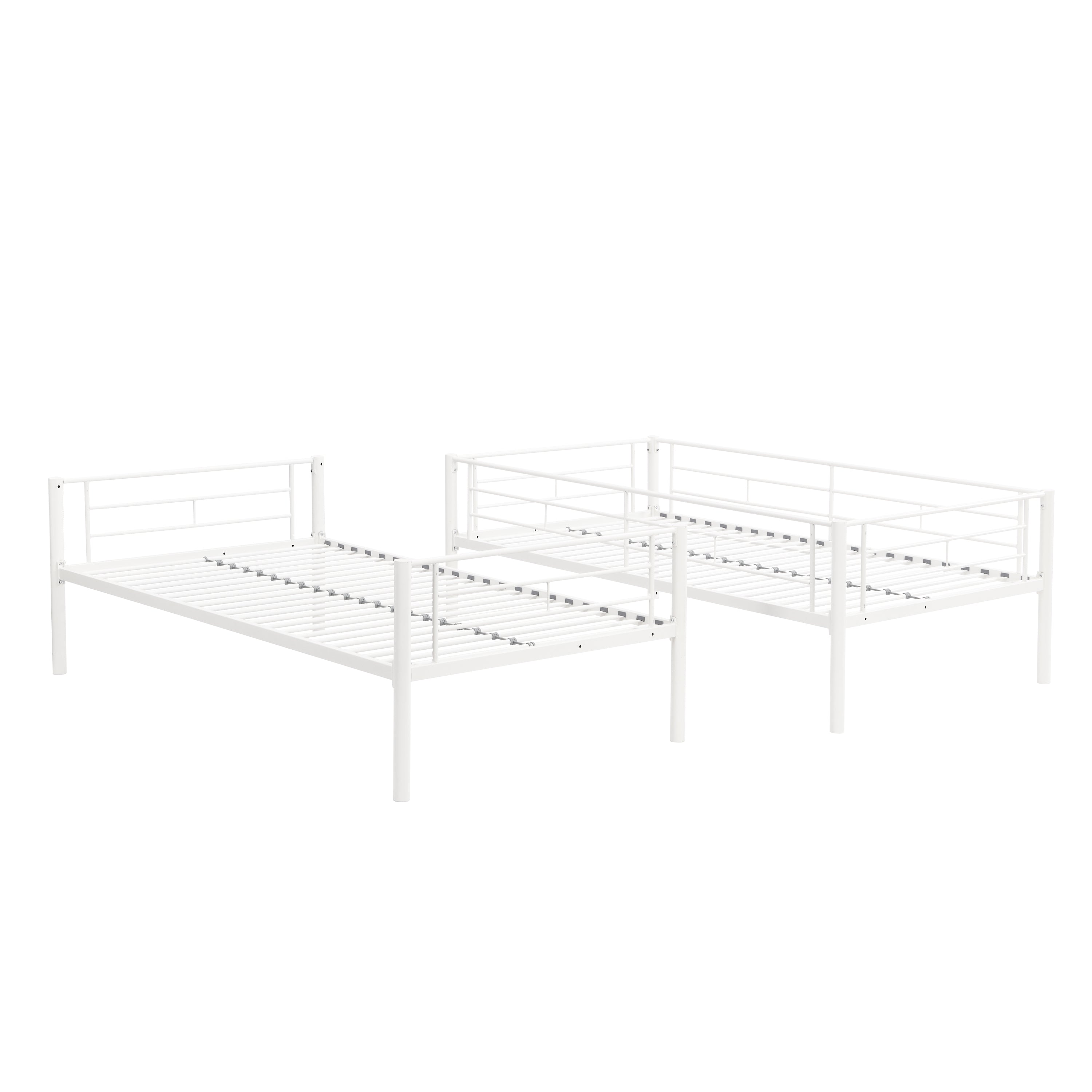 Twin metal bunk beds, metal structure bed frame with safety guardrails and 2 ladders, convertible bunk beds, white