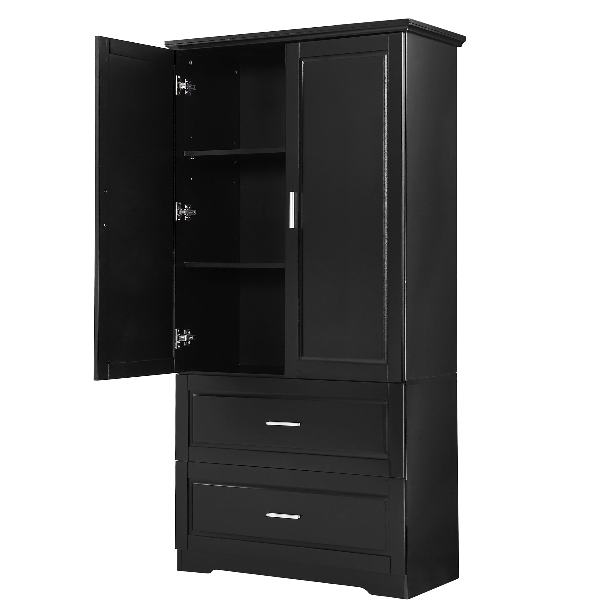 Tall Bathroom Storage Cabinet, Cabinet with Two Doors and Drawers, Adjustable Shelf, MDF Board, Black