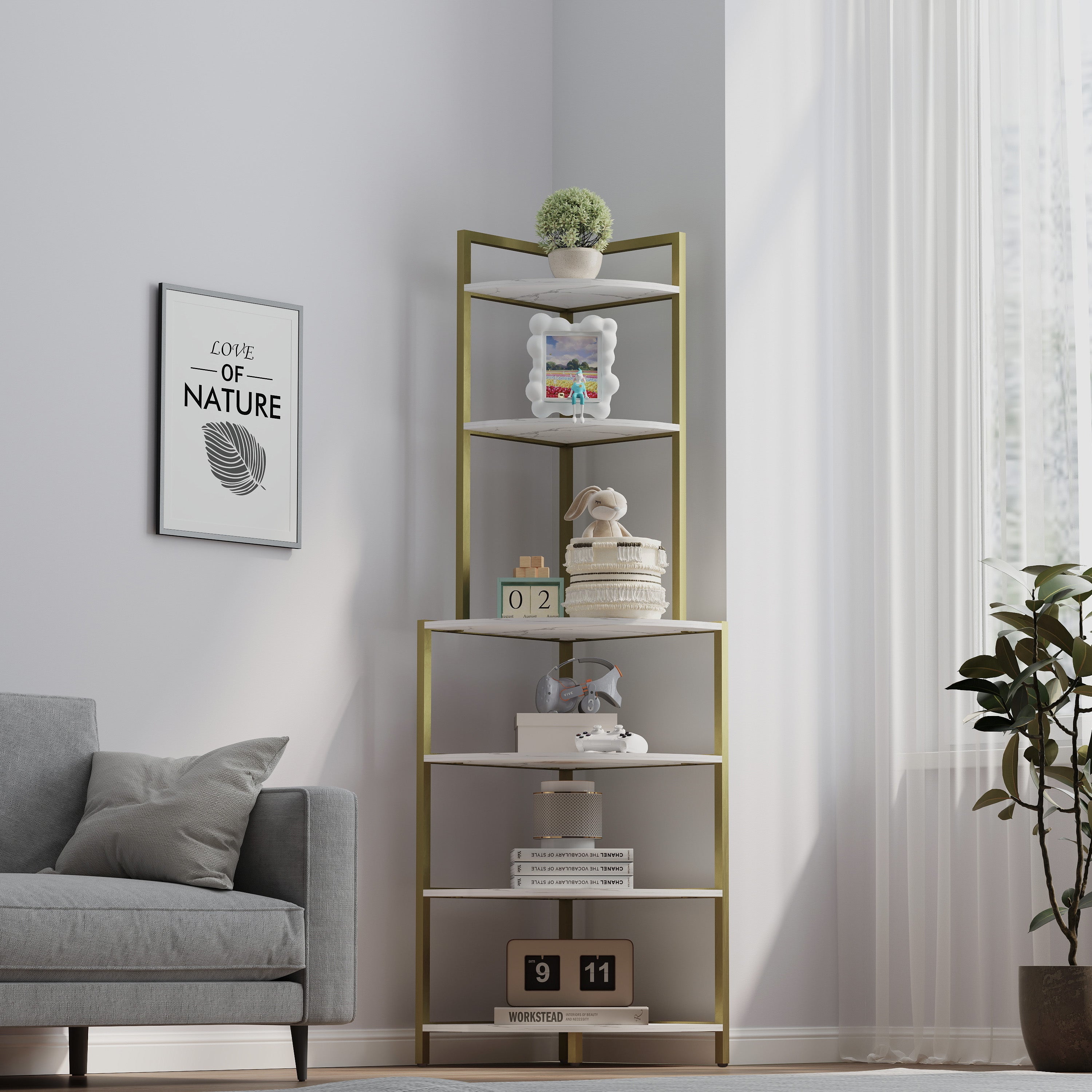 6-story corner open bookshelf, modern bookshelf, wooden frame, independent bookshelf unit,