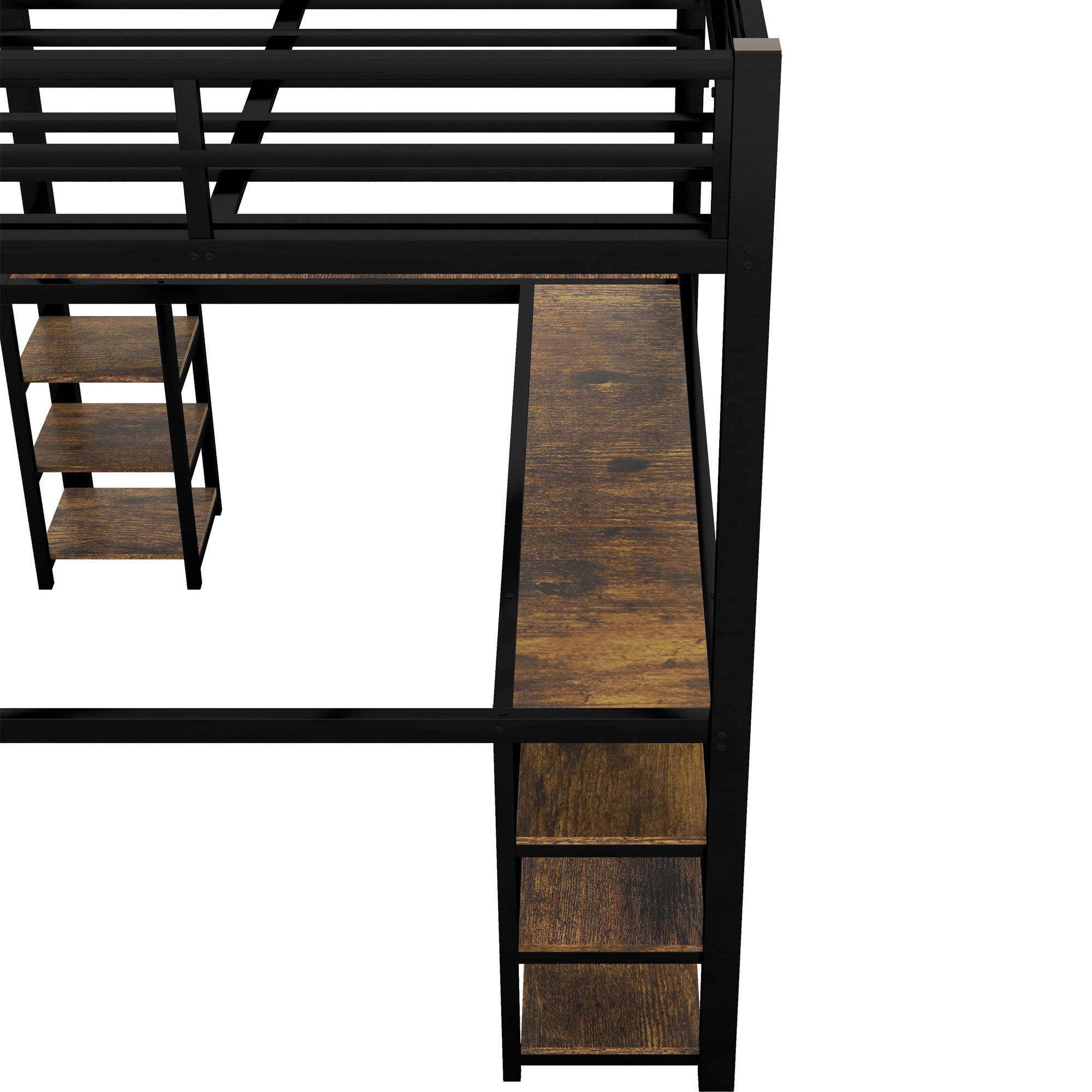 Full metal loft bed with desk and shelf, loft bed with ladder and guardrail, black with retro wood desk