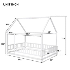 Full Size Floor Wooden Bed with House Roof Frame, Fence Guardrails ,White