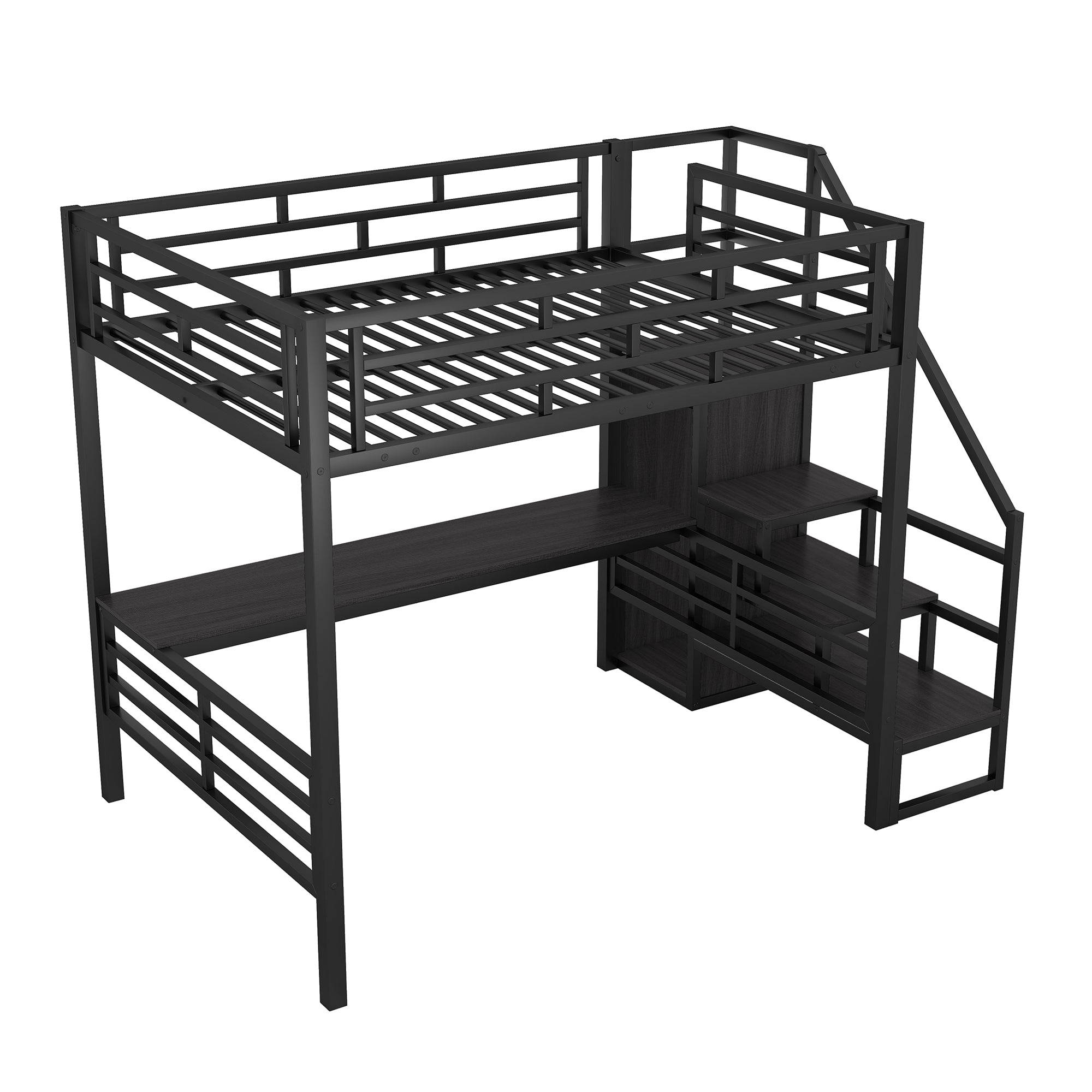 Full Size Metal Loft Bed with Desk, Storage Staircase and Small Wardrobe, Storage stairs can be installed left and right,Black