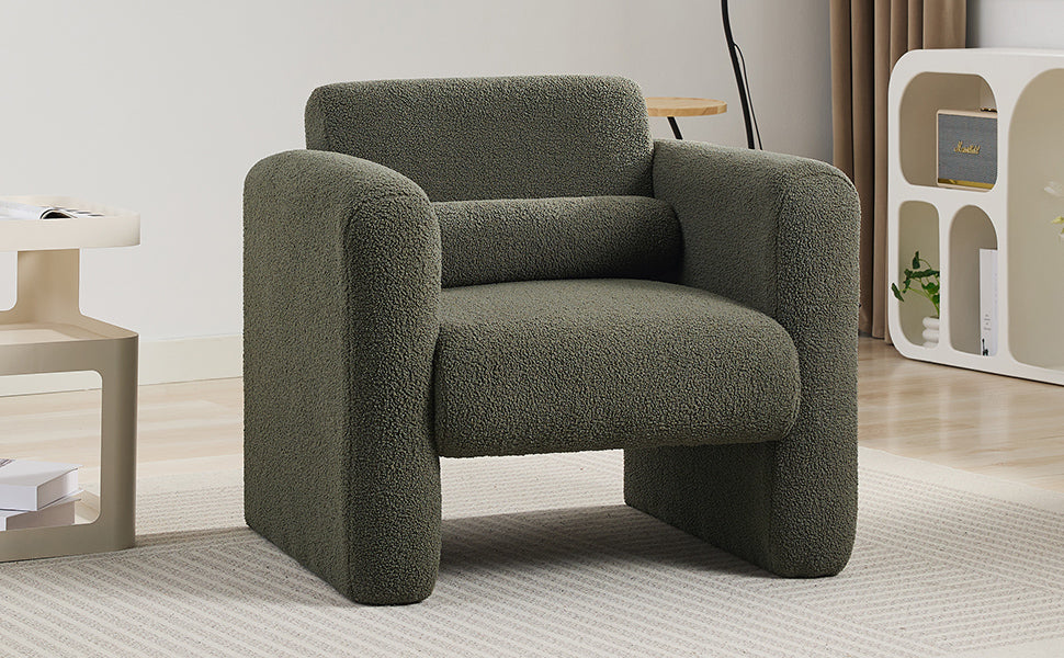 Modern style chair with sheepskin Sherpa fabric soft cushion, comfortable armchair, soft with backrest and pillow, seaweed green