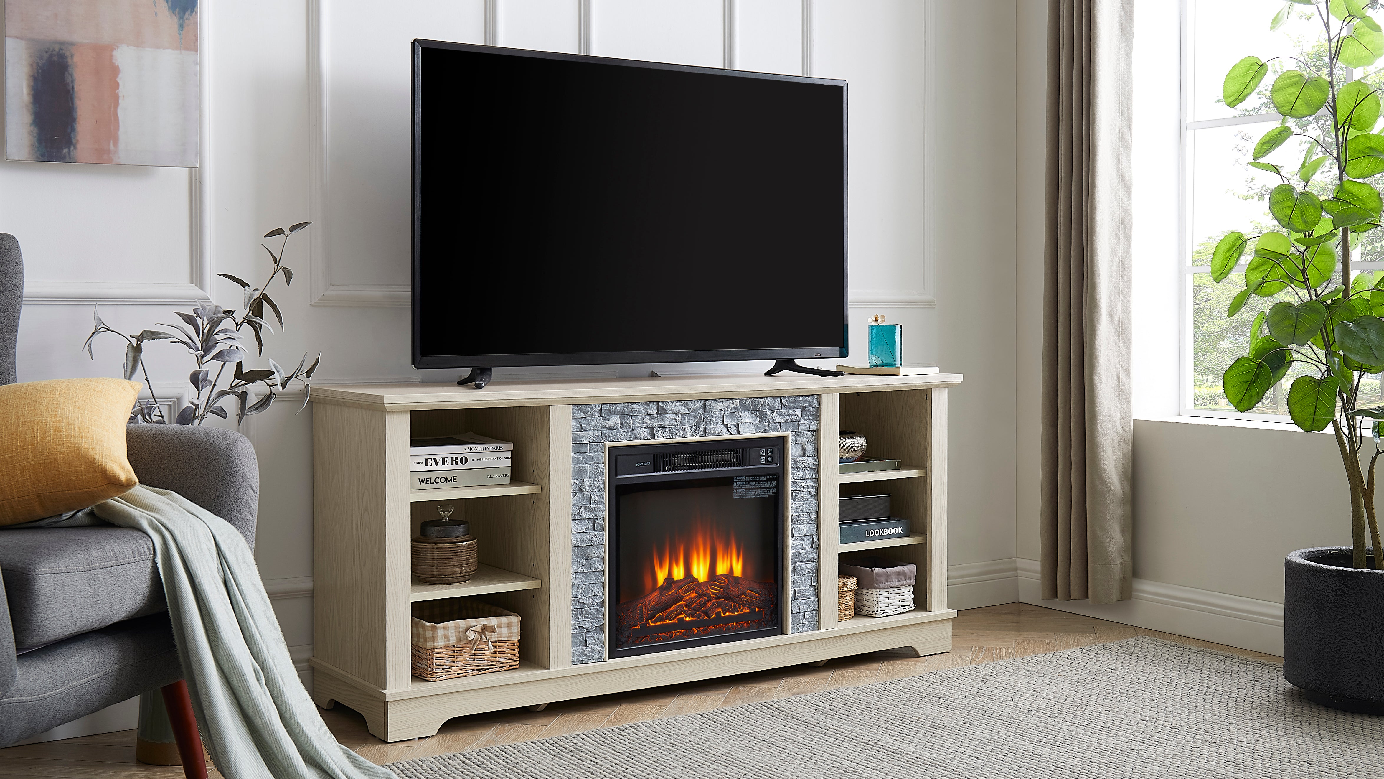 Mantel electric fireplace stone TV media stand, open storage console space, with 18 inch fireplace insert, white