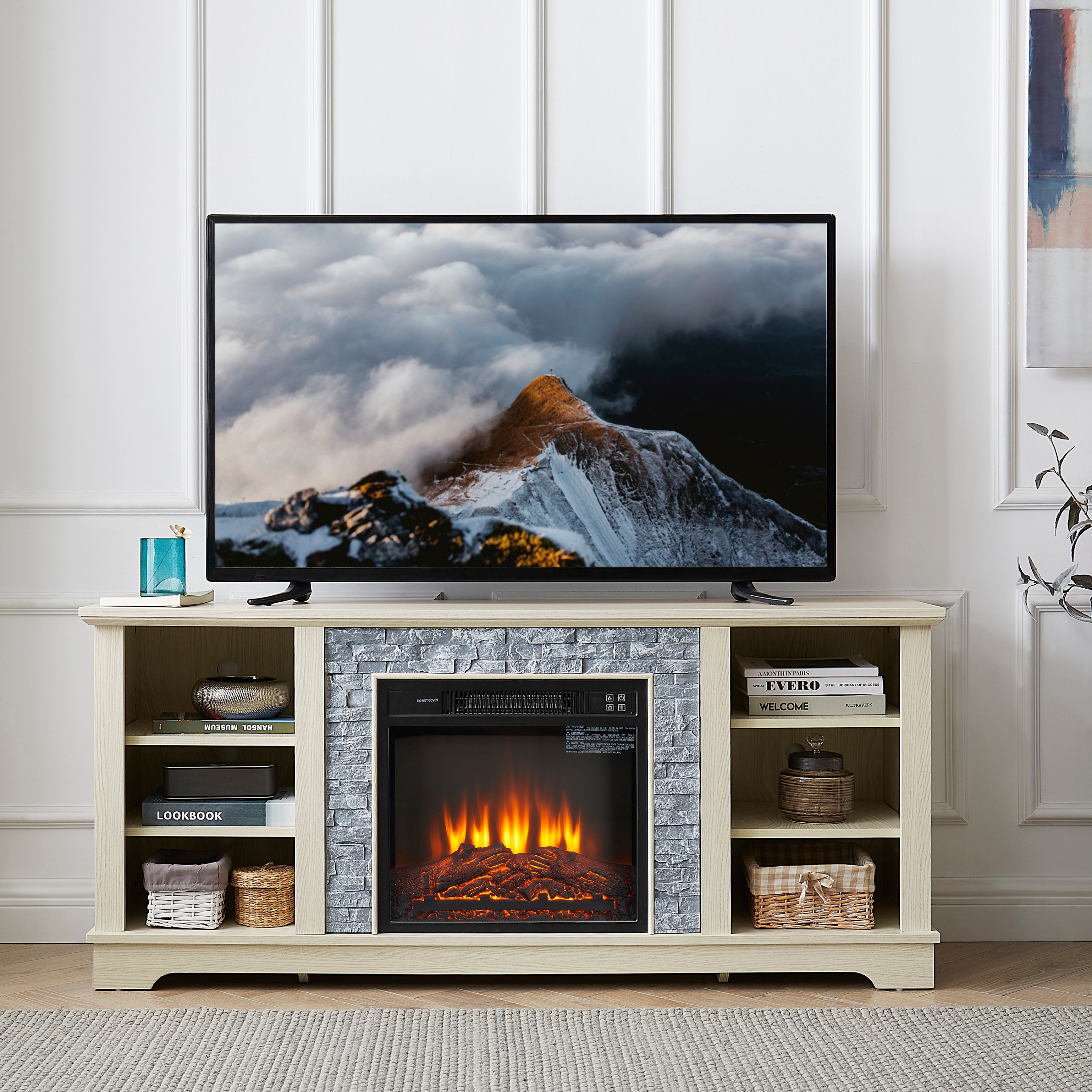 Mantel electric fireplace stone TV media stand, open storage console space, with 18 inch fireplace insert, white