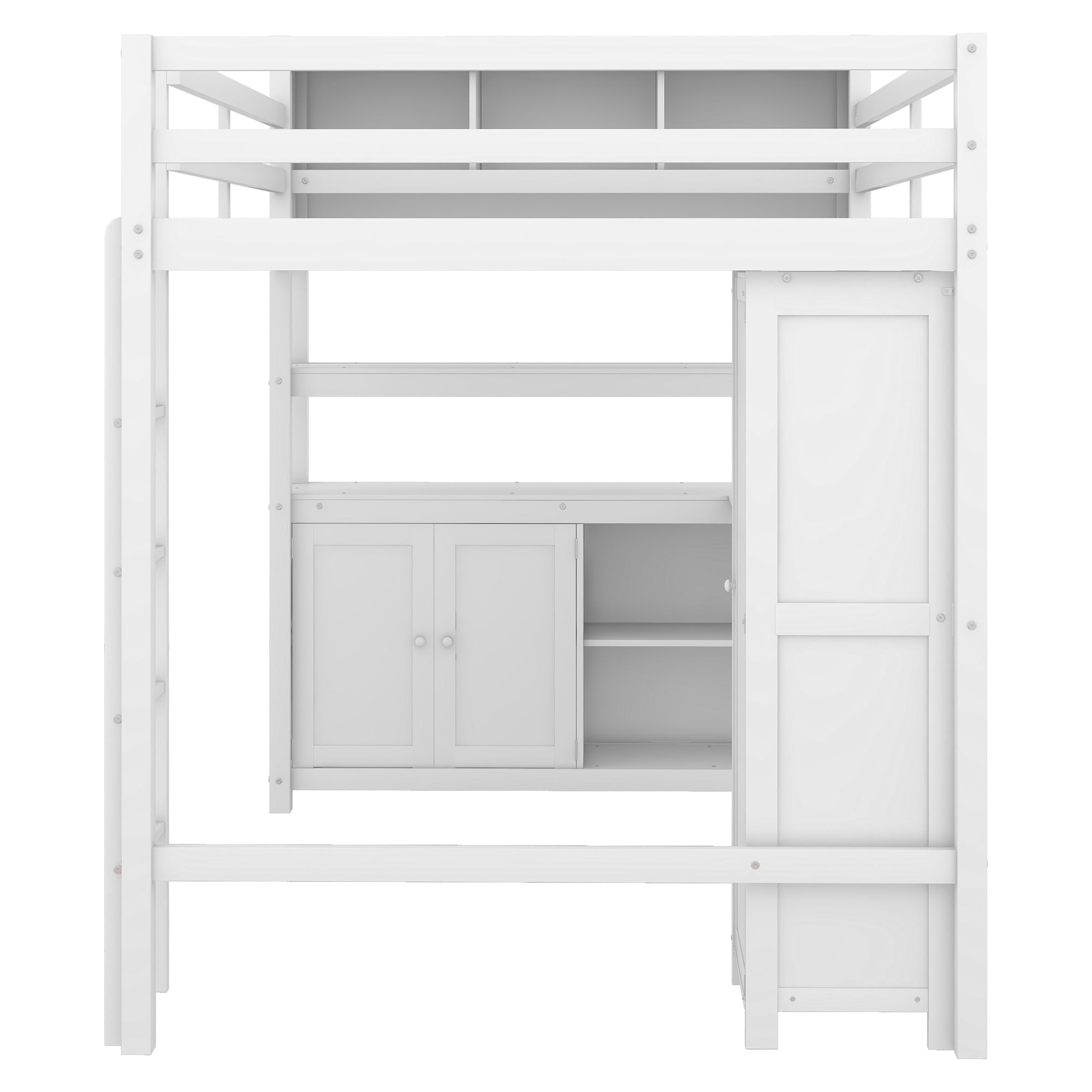 Wood Loft Bed with Cabinet and Bookshelf, Full Size Loft with Wardrobe and Desk for Kids,White