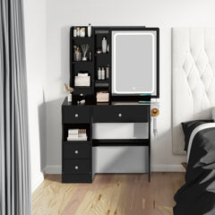 Left drawer desktop vanity+cushioned stool, 2 AC+2 USB power stations, touch sliding LED mirror, tri color switch