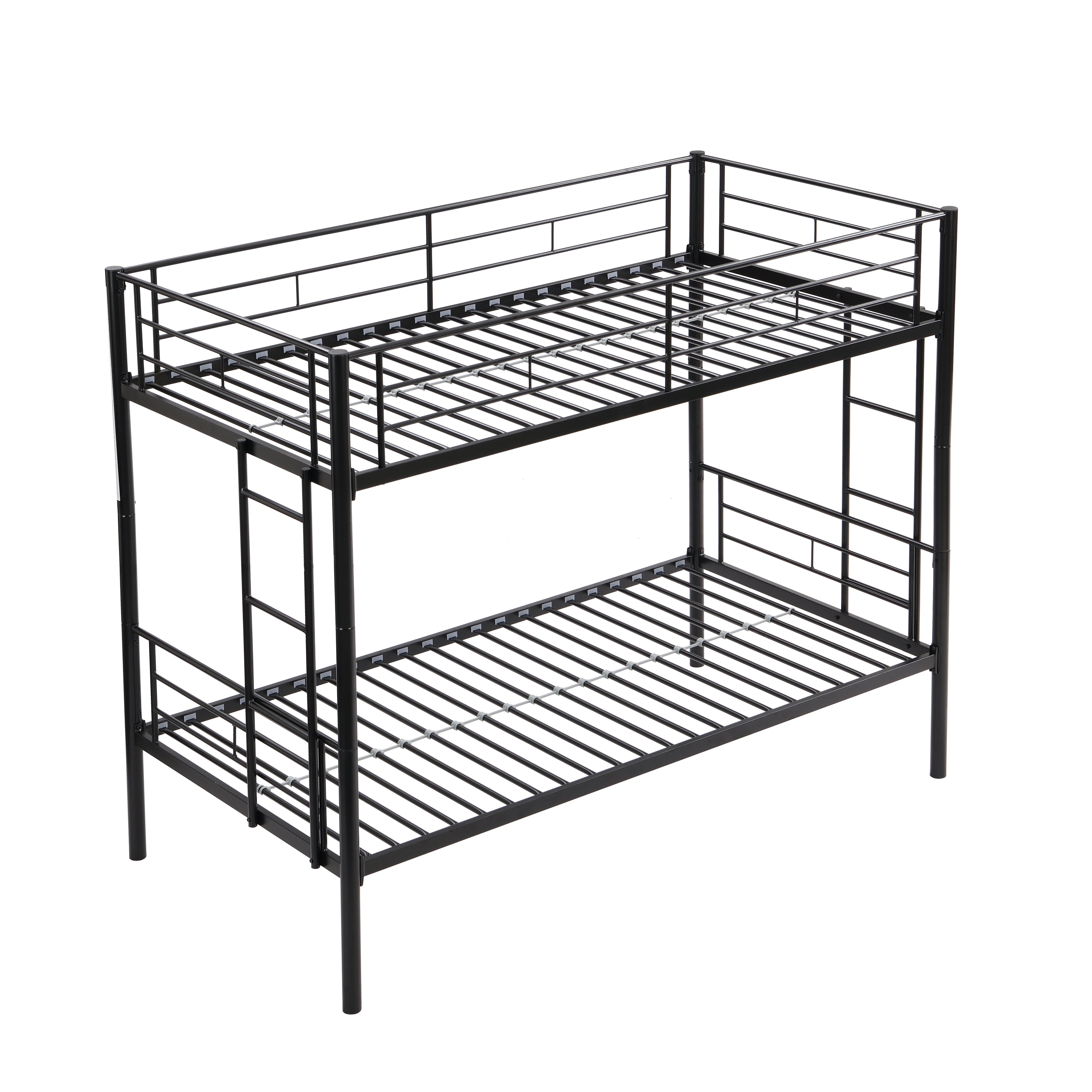 Double decker bed, size above twin bed, with 2 ladders and full-length guardrail, metal, storage space, black