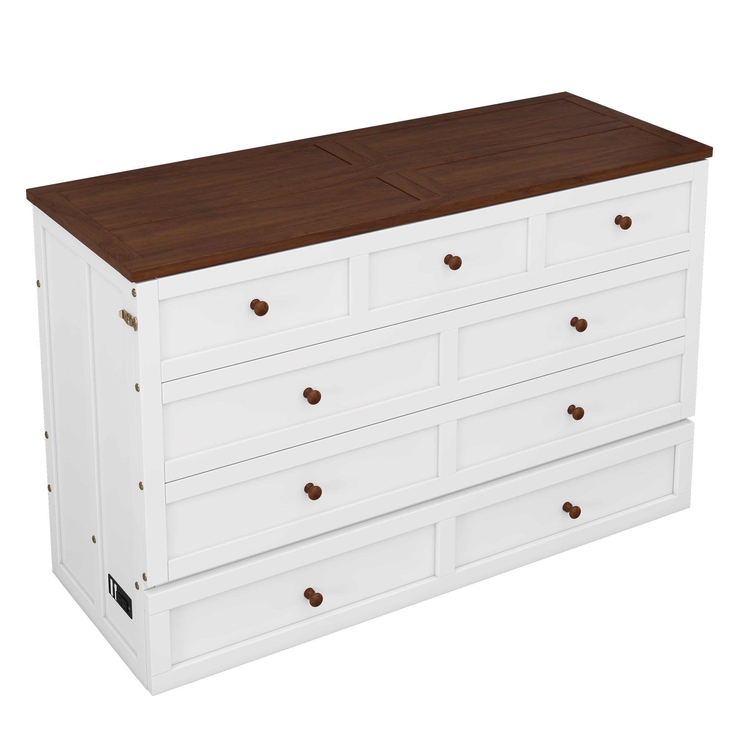 Solid Pine Murphy Bed Chest with Charging Station and Large Storage Drawer for Home Office or Small Room , Queen, White+Walnut