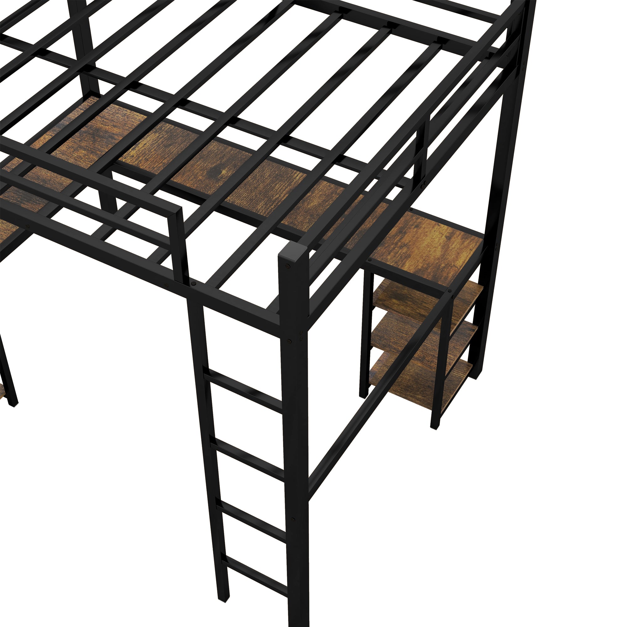 Full metal loft bed with desk and shelf, loft bed with ladder and guardrail, black with retro wood desk