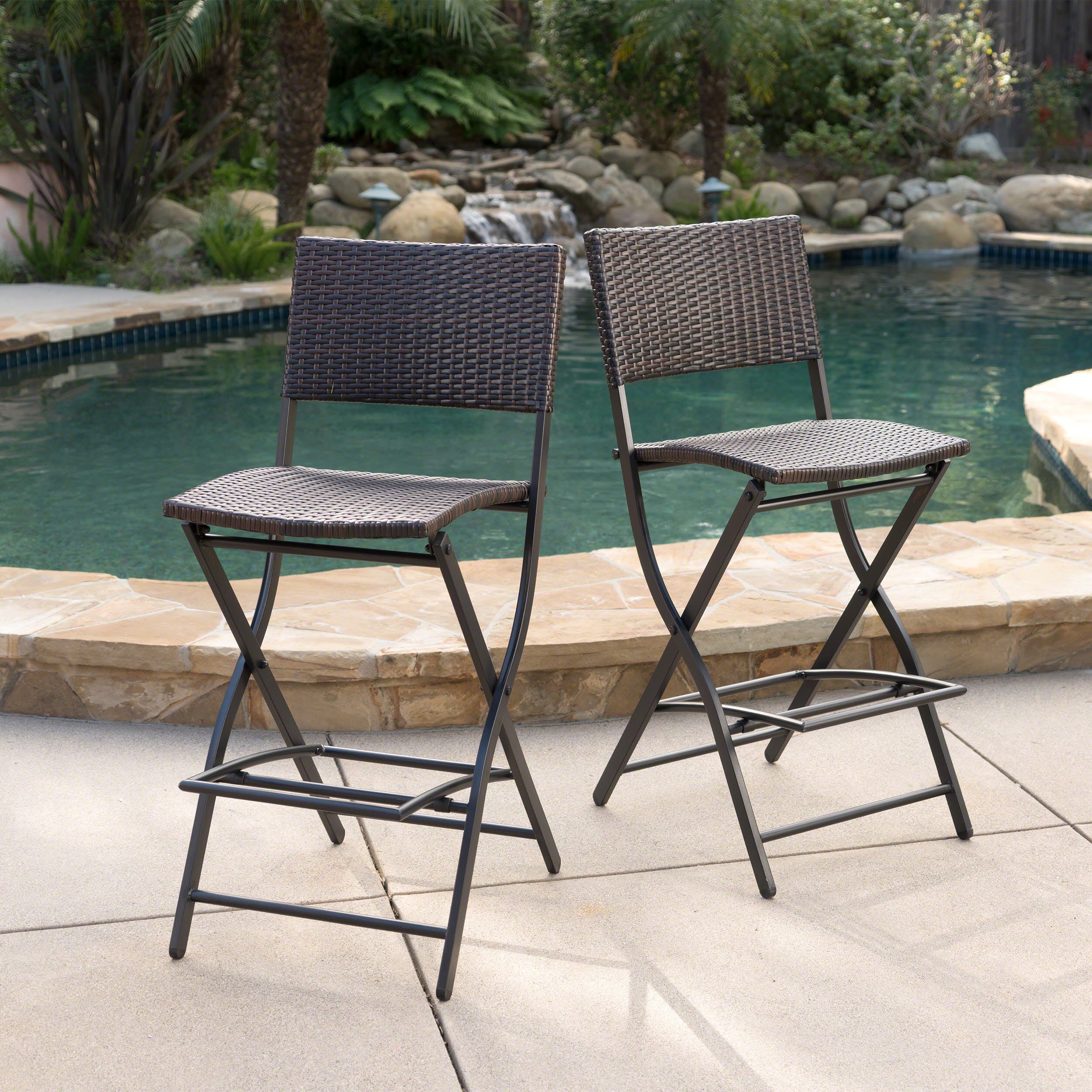 Outdoor Wicker Barstools Faux Rattan Patio Bar Stool Foldable Chair, 2-Pcs Set, Multibrown