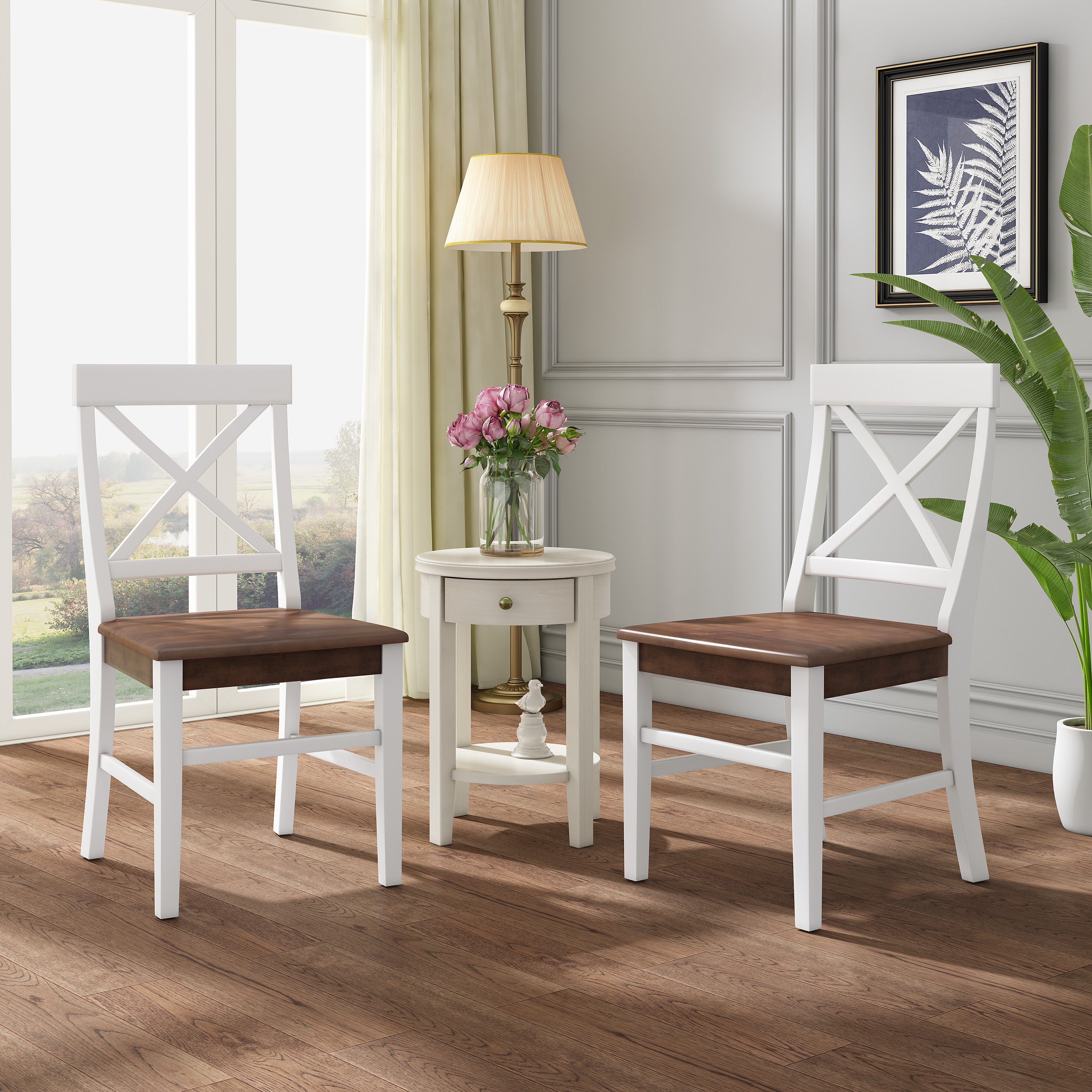 Roshan Farmhouse Acacia Wood Dining Chairs, White / Walnut (Set of 2)