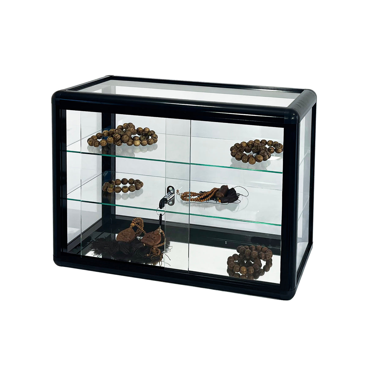 Tempered glass counter top display cabinet with sliding glass door and lock, standard aluminum frame