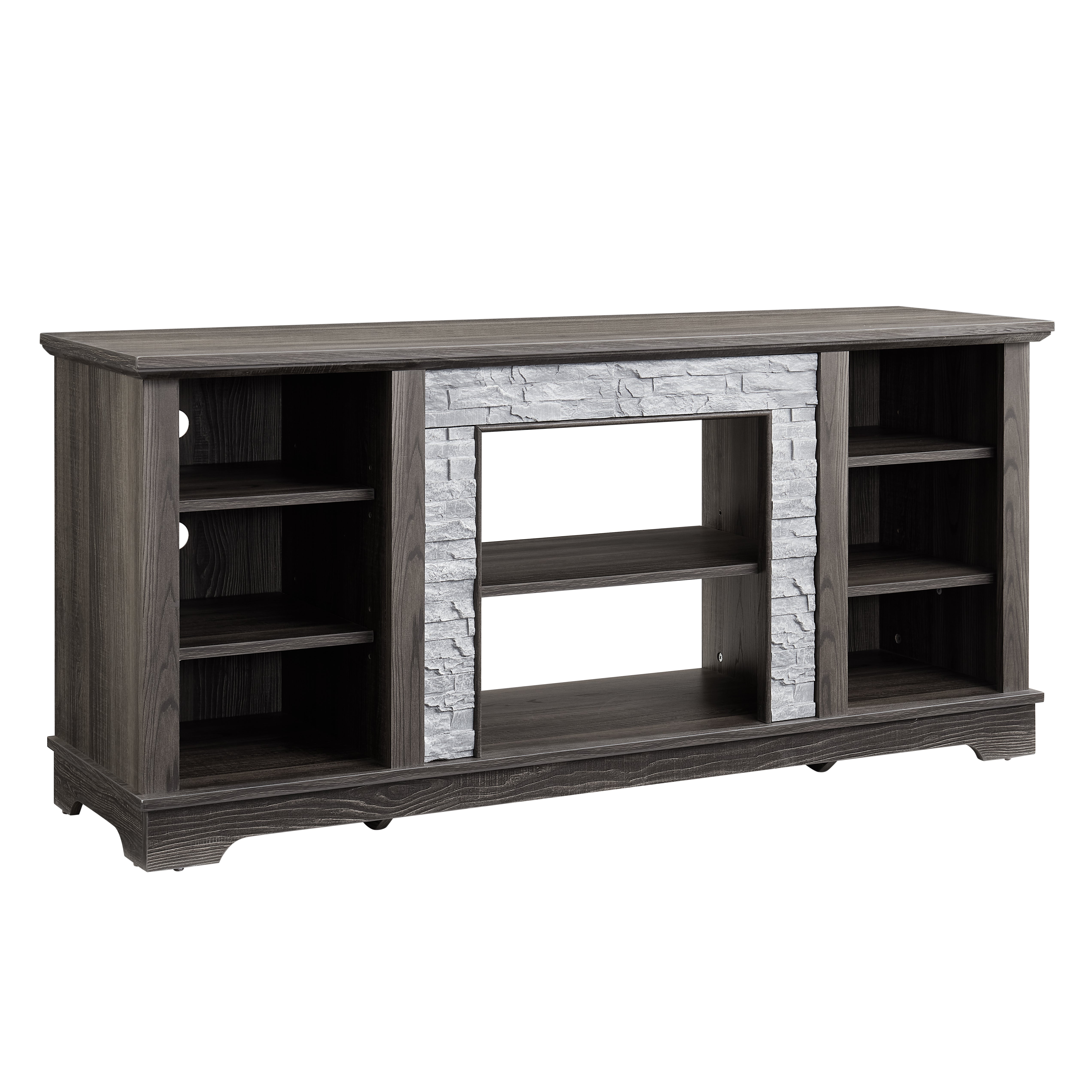 Mantel Stone modern entertainment console, manually stacked stone surrounds open storage space, gray