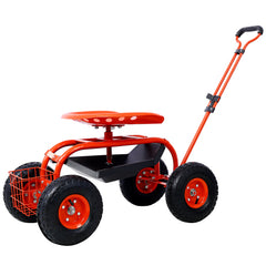 Garden cart rolling scooter, adjustable height with 4 wheels and extendable handle with 360 degree seat and tool tray (red)