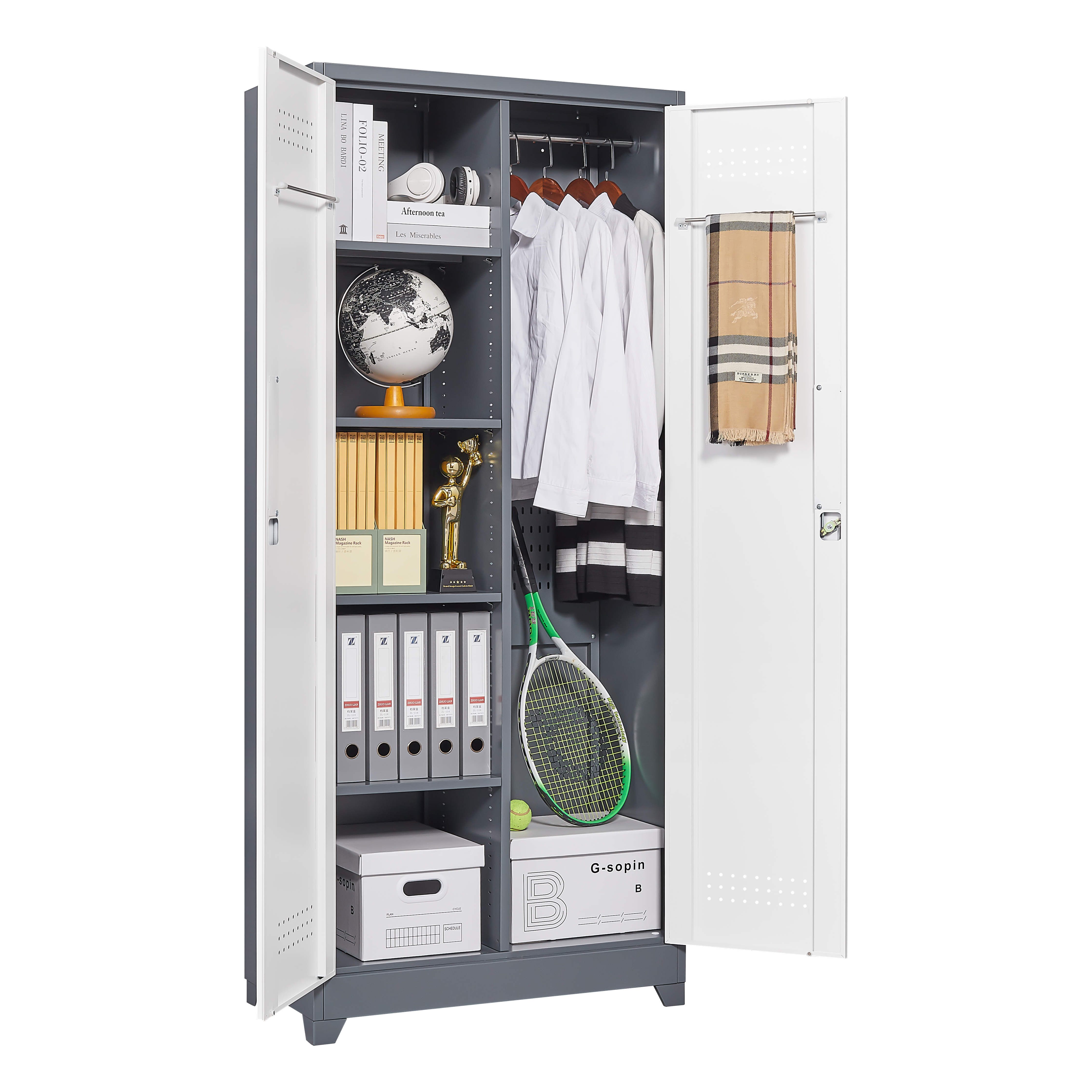 Metal storage cabinets, lockable cleaning tool cabinets, high broom tool organizers, and large storage cabinets in storage store