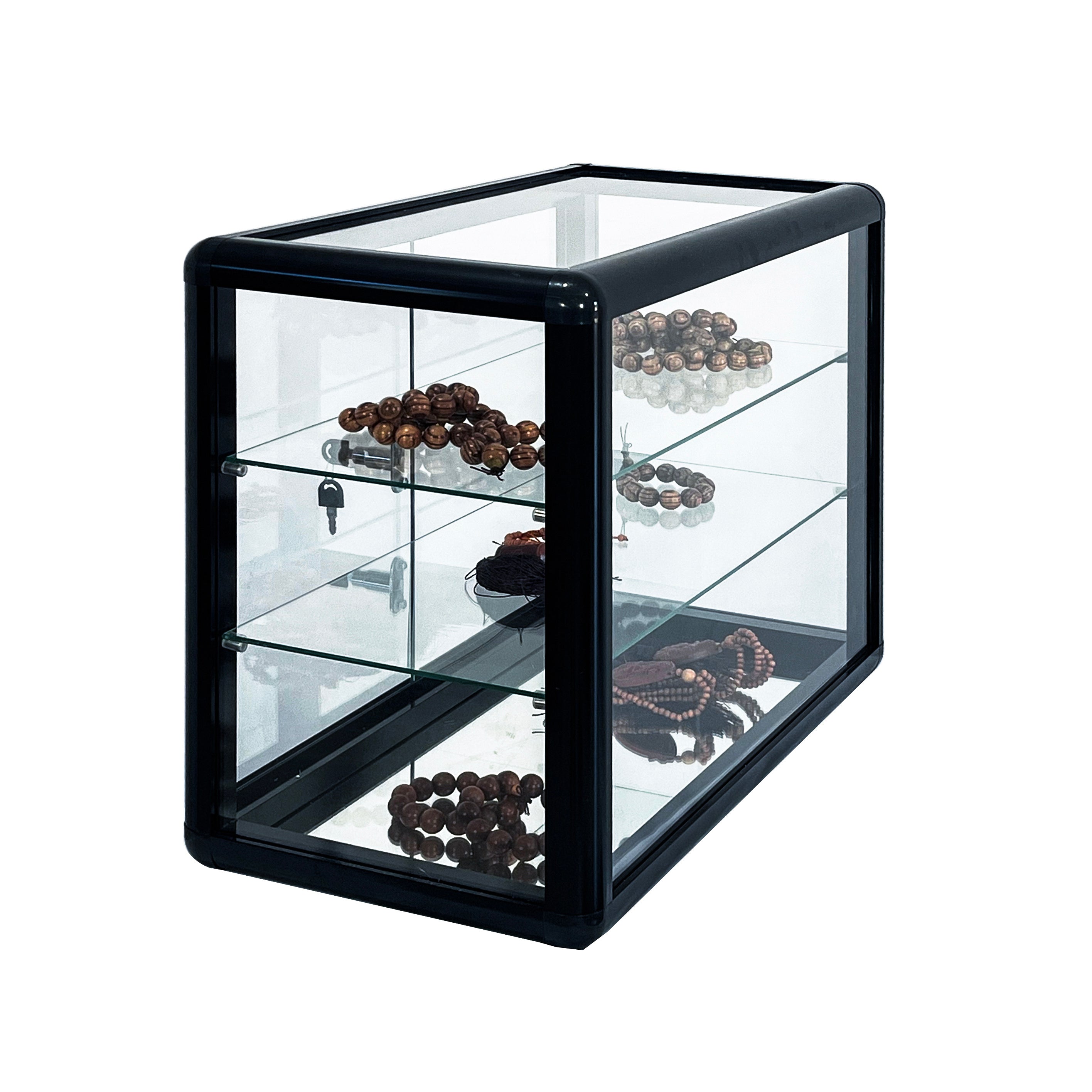 Tempered glass counter top display cabinet with sliding glass door and lock, standard aluminum frame