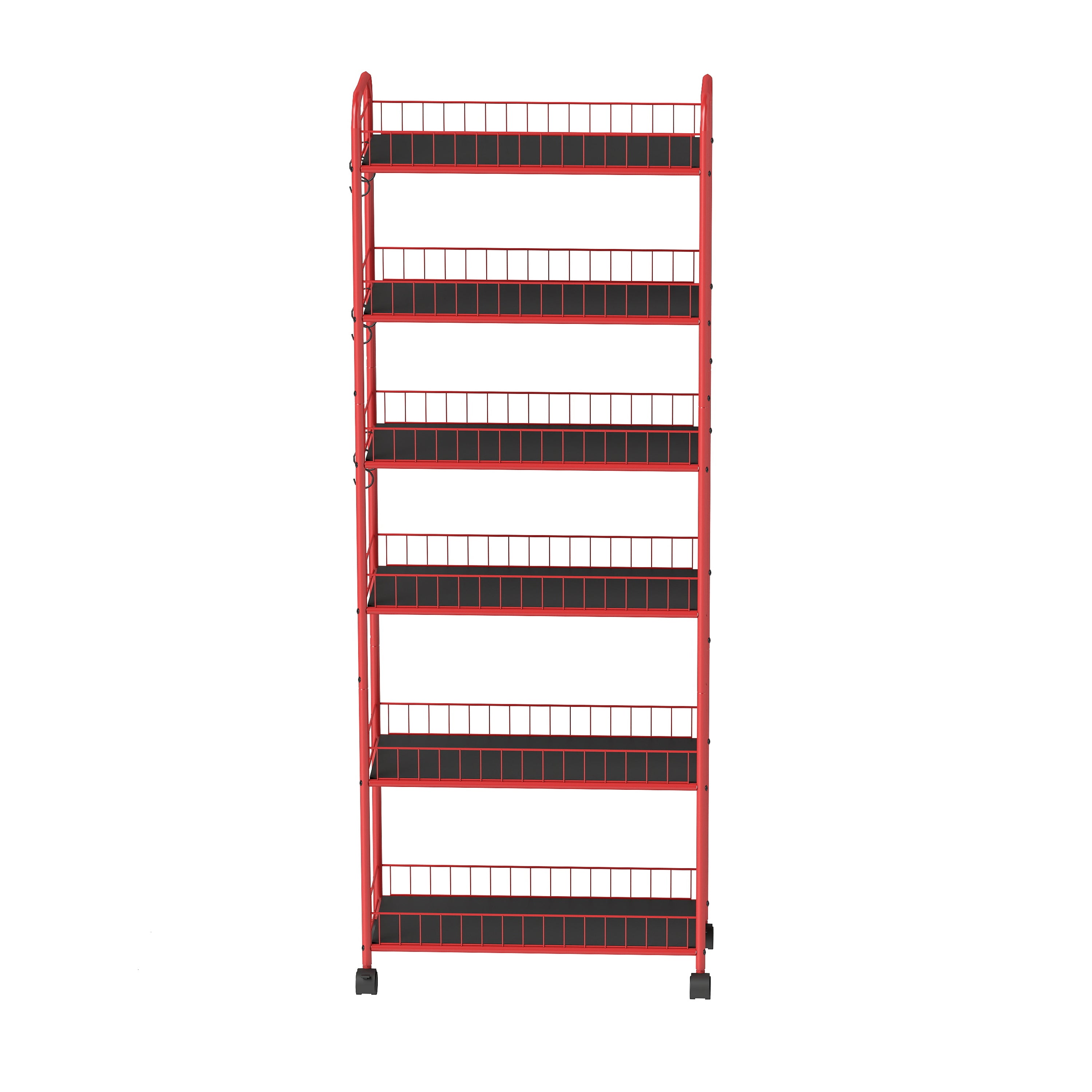 Red 6-story ultra-thin rolling storage cart, mobile shelves with wheels, metal wire storage rack with baskets