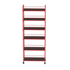 Red 6-story ultra-thin rolling storage cart, mobile shelves with wheels, metal wire storage rack with baskets