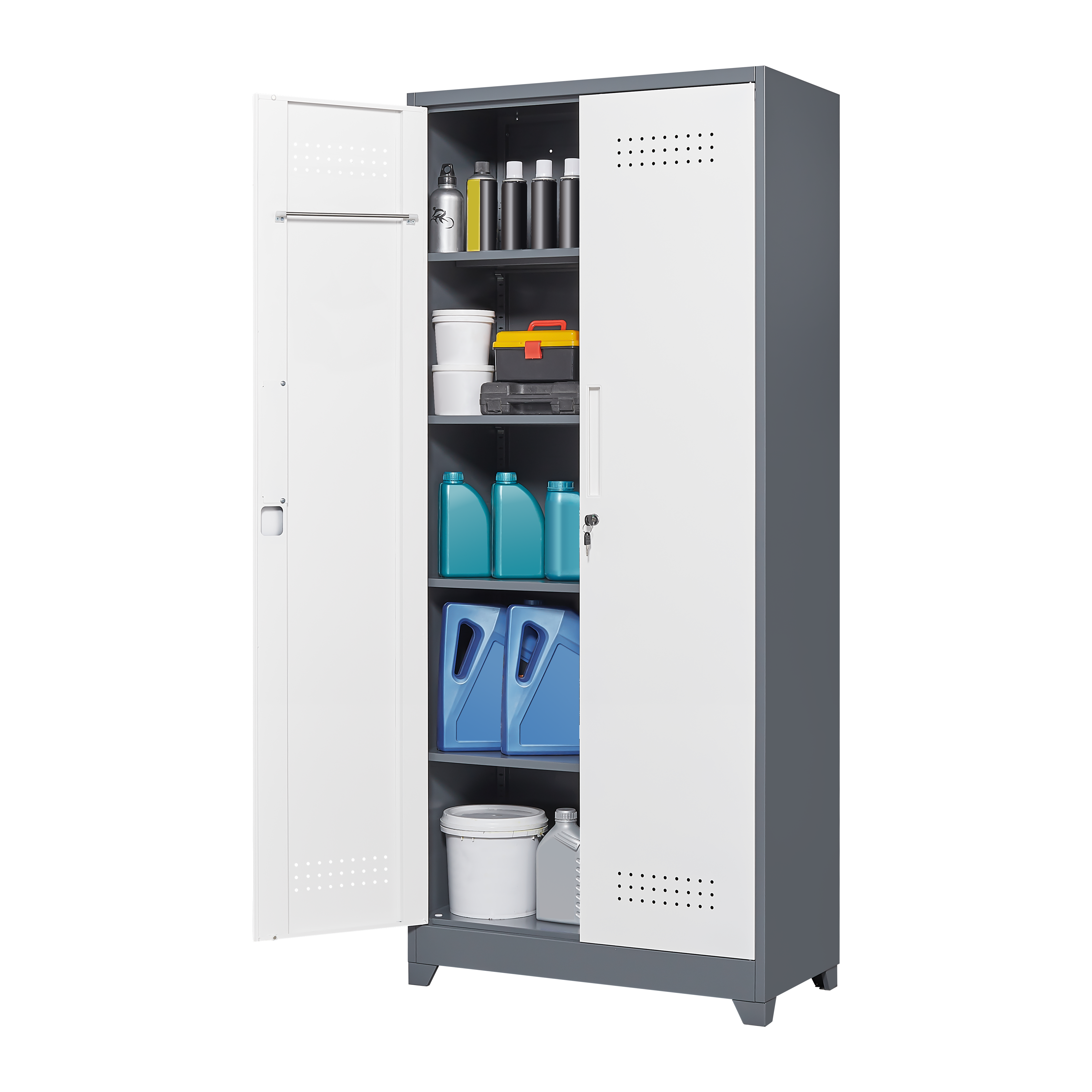 Metal storage cabinets, lockable cleaning tool cabinets, high broom tool organizers, and large storage cabinets in storage store