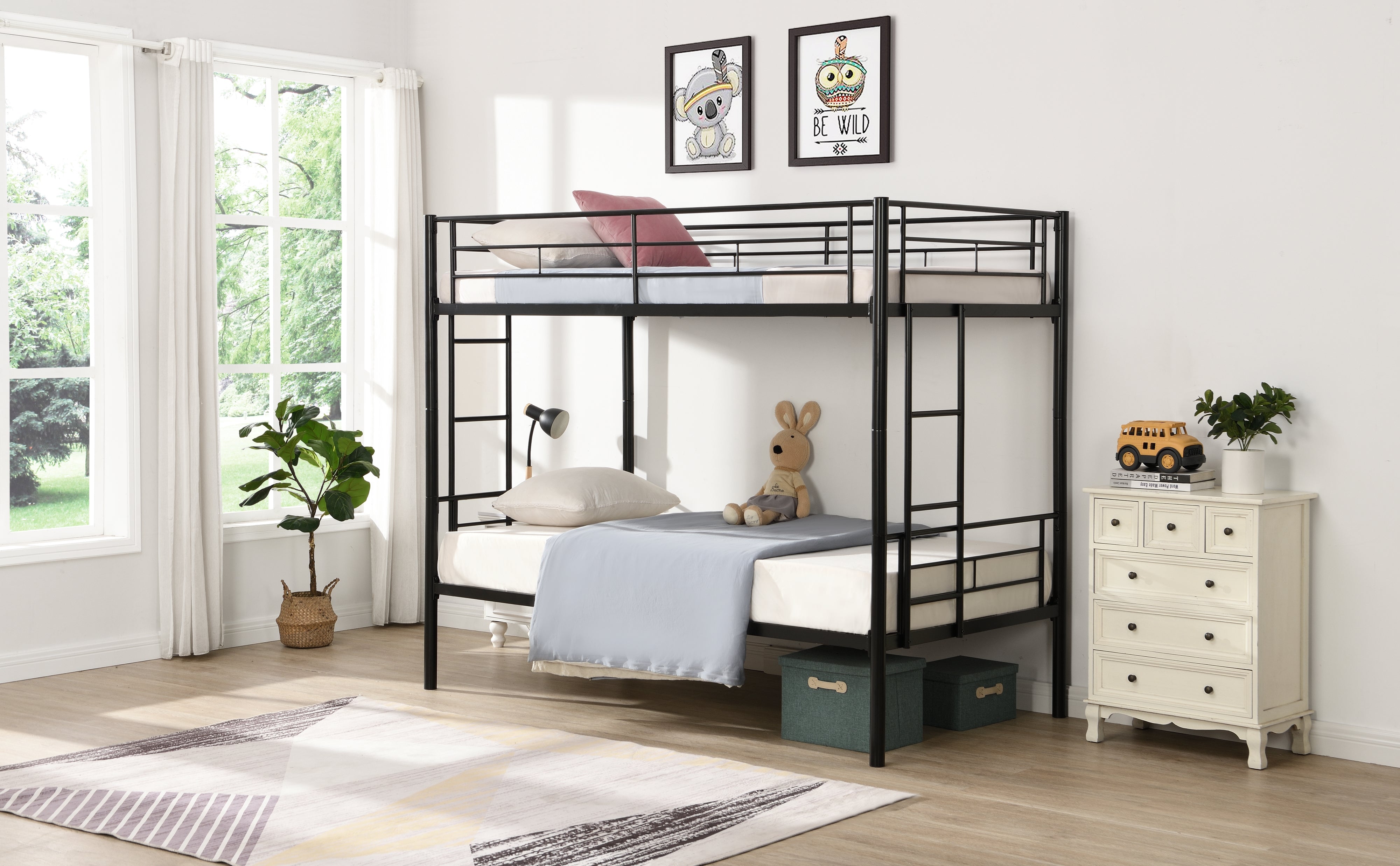 Double decker bed, size above twin bed, with 2 ladders and full-length guardrail, metal, storage space, black