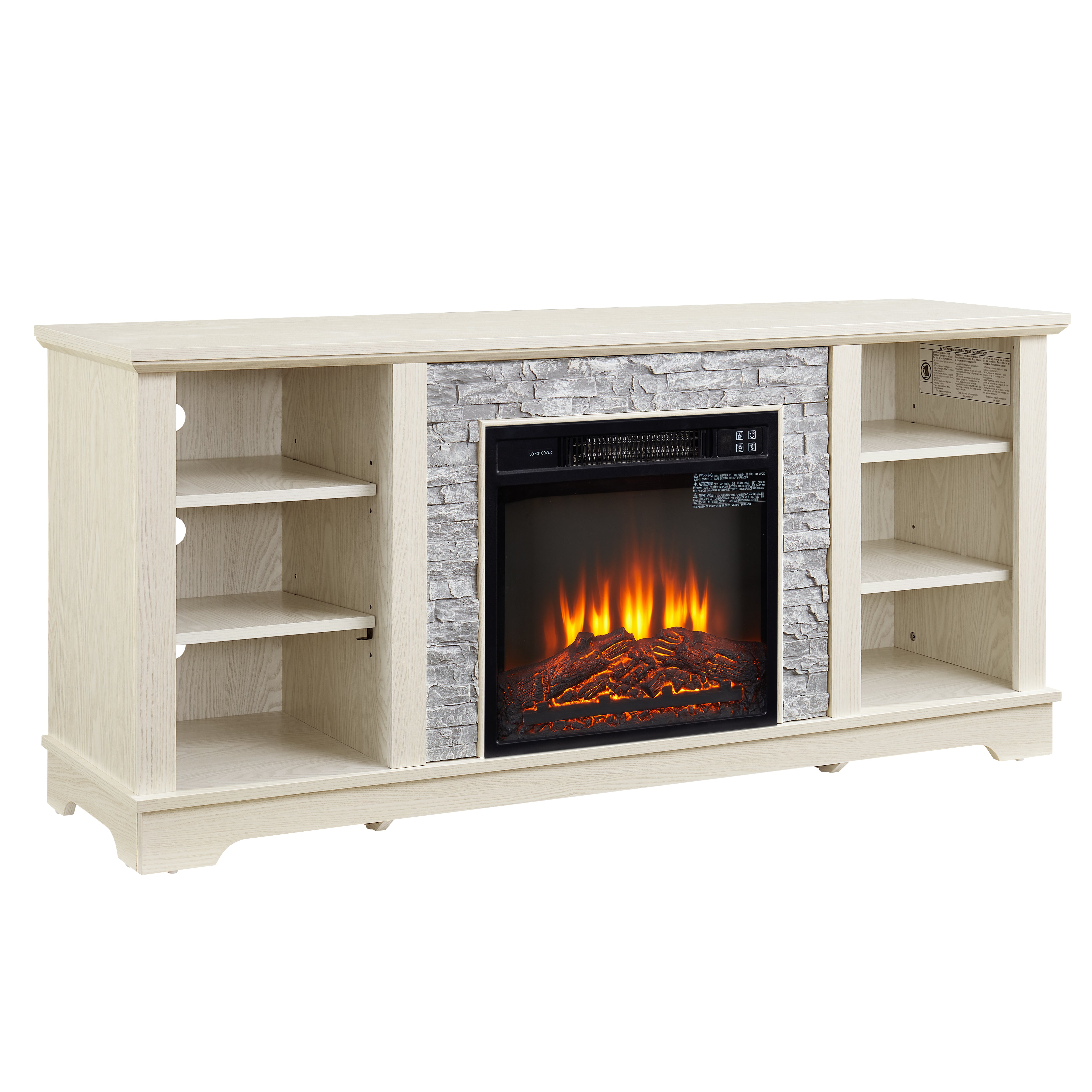 Mantel electric fireplace stone TV media stand, open storage console space, with 18 inch fireplace insert, white