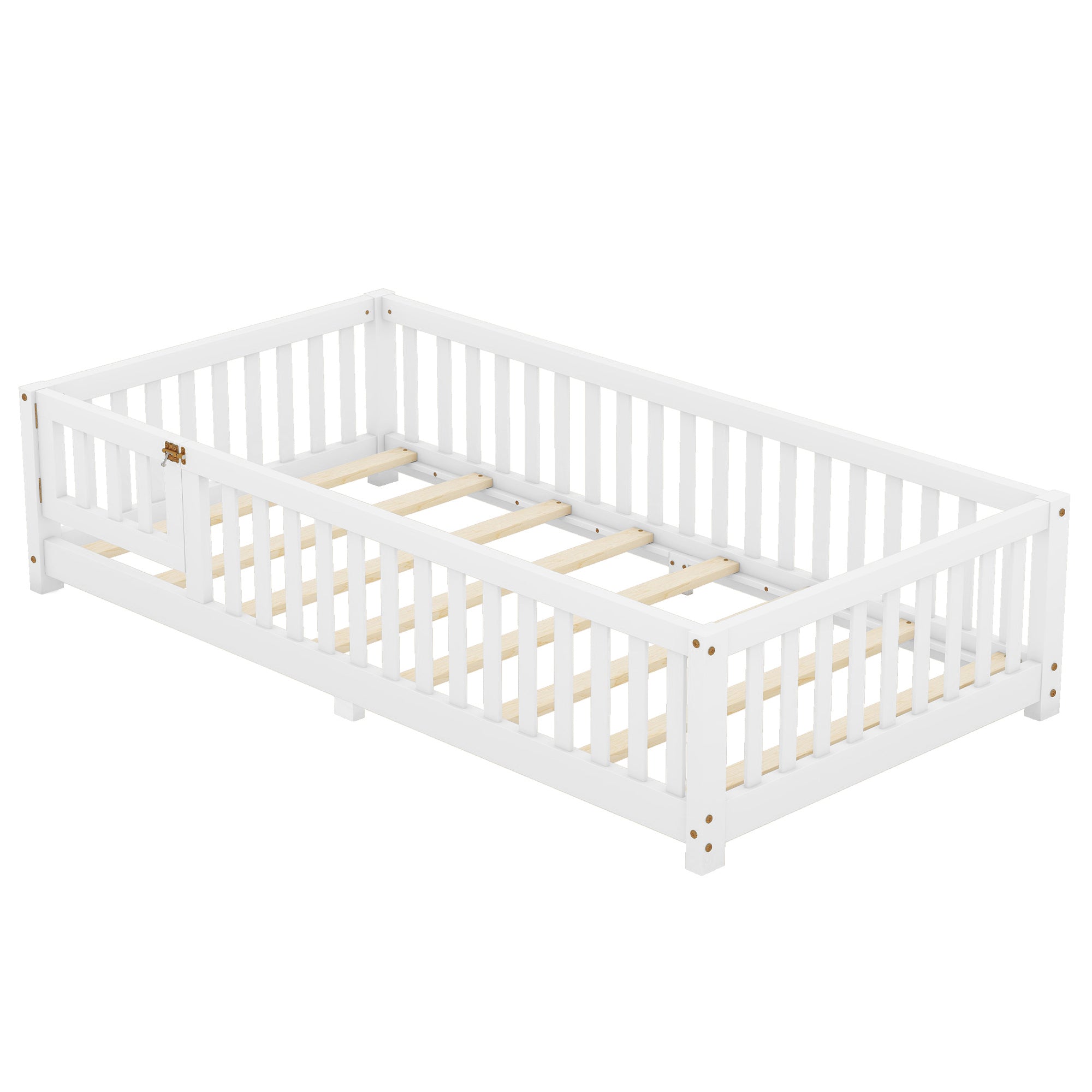 Twin Size Bed Floor Bed with Safety Guardrails and Door for Kids, White