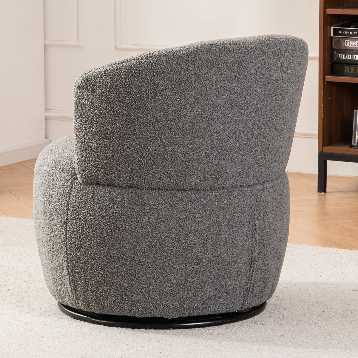 Grey Plush Swivel Accent Chair - Contemporary Round Armchair with 360° Rotation and Metal Base for Living Room Elegance