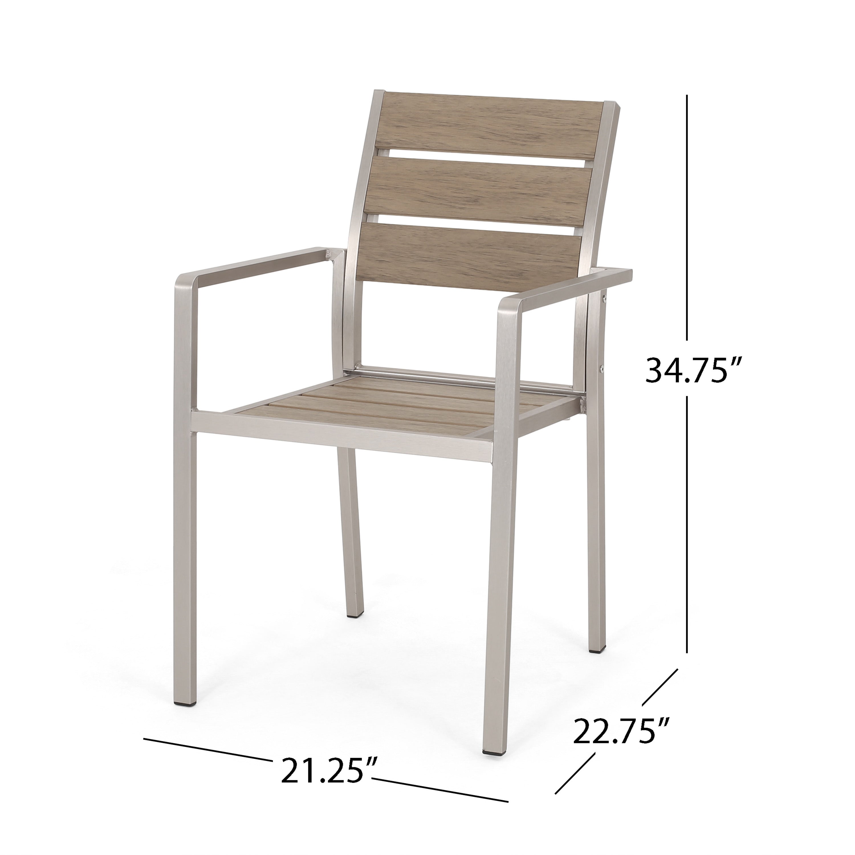 Outdoor Modern Aluminum Dining Chair with Faux Wood Seat (Set of 2), Natural and Silver