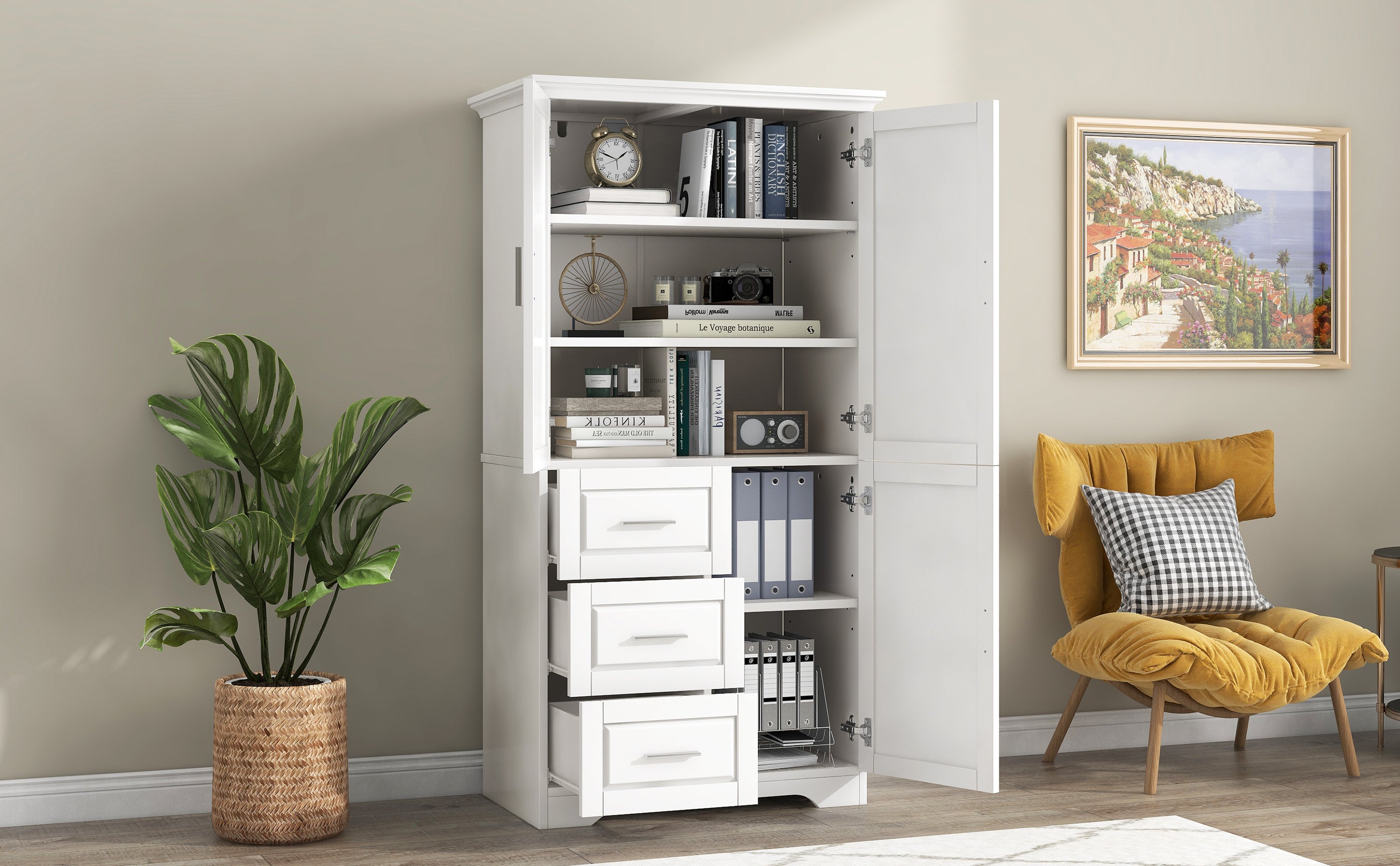 Tall and Wide Storage Cabinet with Doors for Bathroom/Office, Three Drawers, White