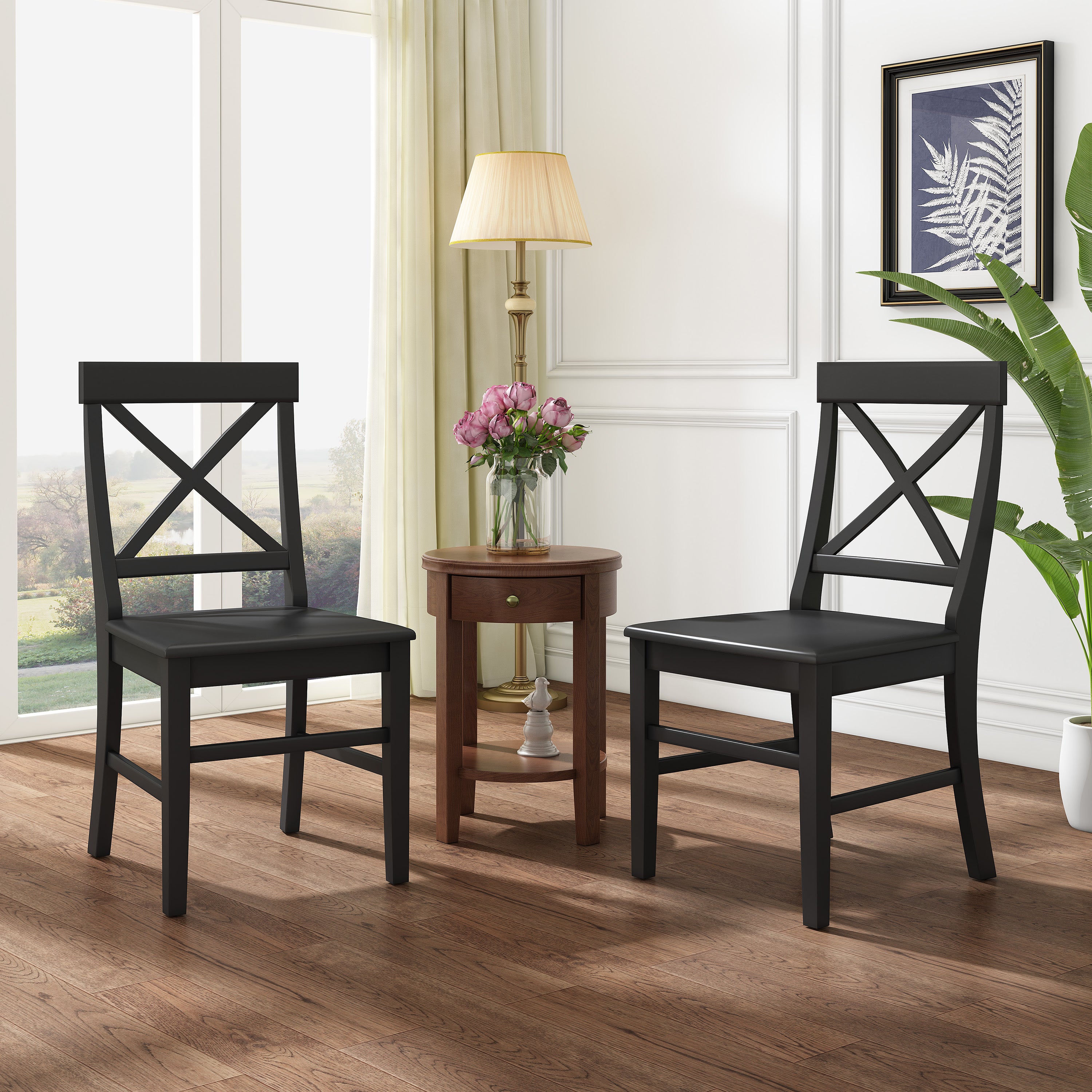 Roshan Farmhouse Acacia Wood Dining Chairs, Black (Set of 2)