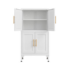 White metal kitchen storage cabinet, kitchen pantry storage cabinet with door and shelf, adjustable leveling feet