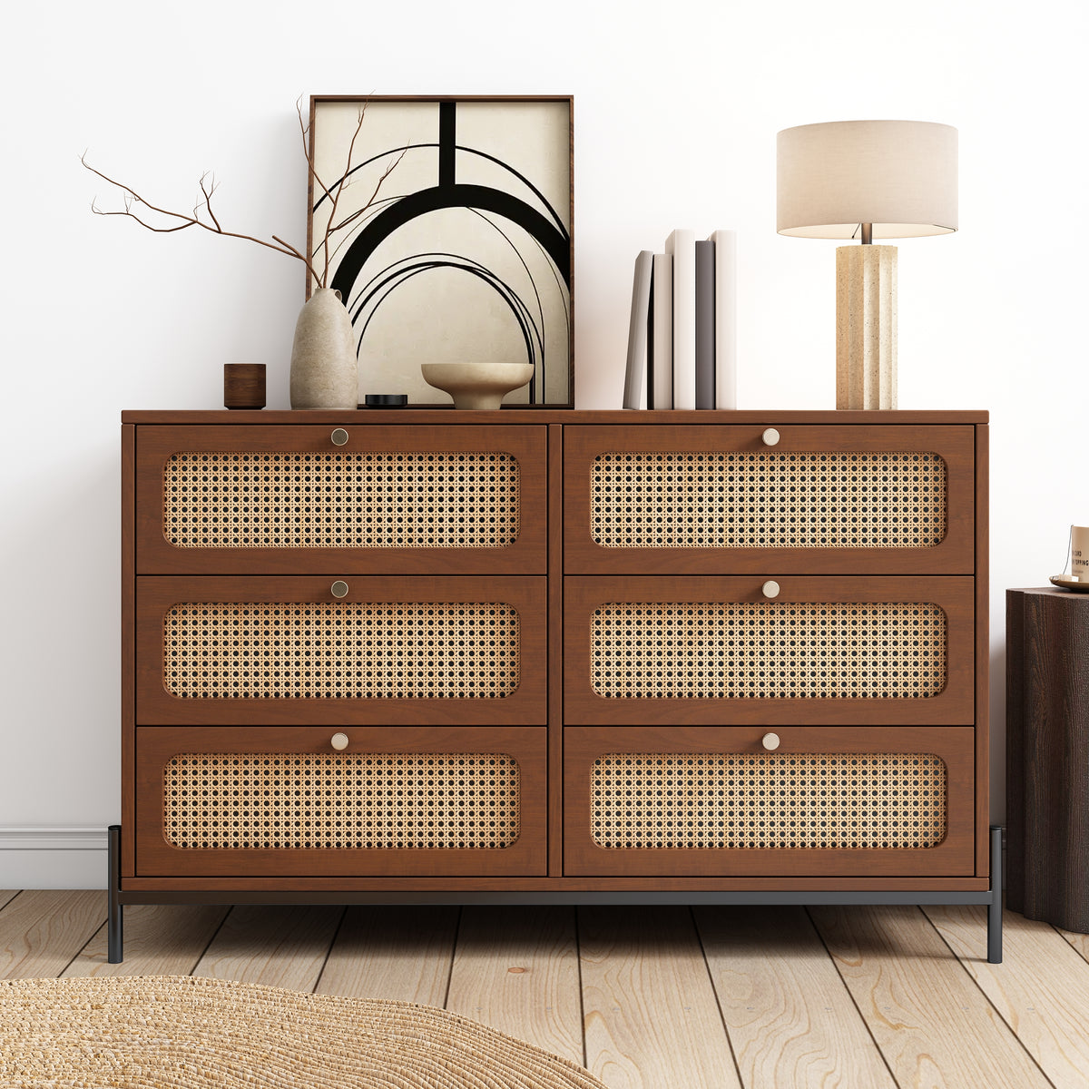 Modern hemp vine wood closet with 6 drawers, dressing table, wooden storage cabinet side panel, walnut wood